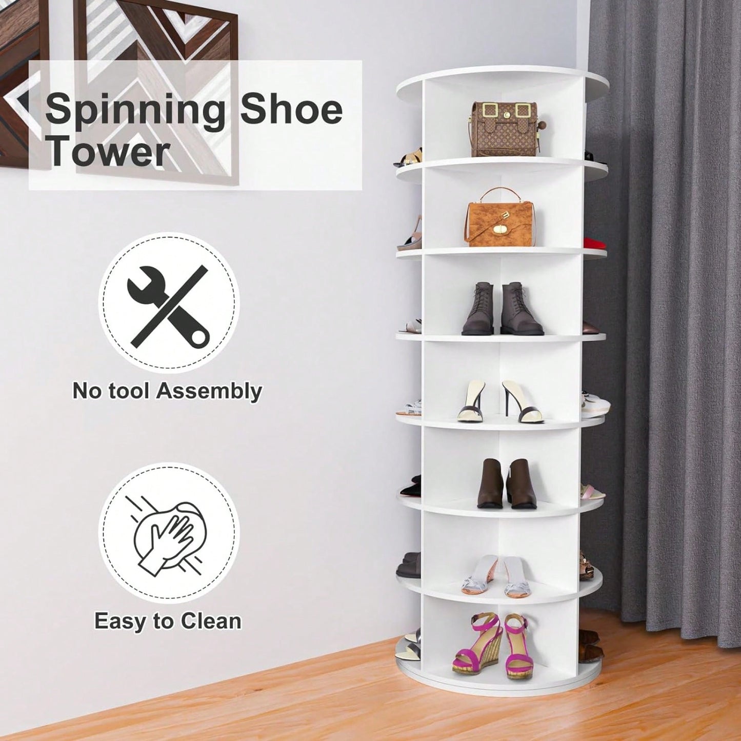 7 Tier Rotating Shoe Rack Carousel 360 Degree Spinning Storage Organizer For Shoes And Handbags Vertical Closet Solution