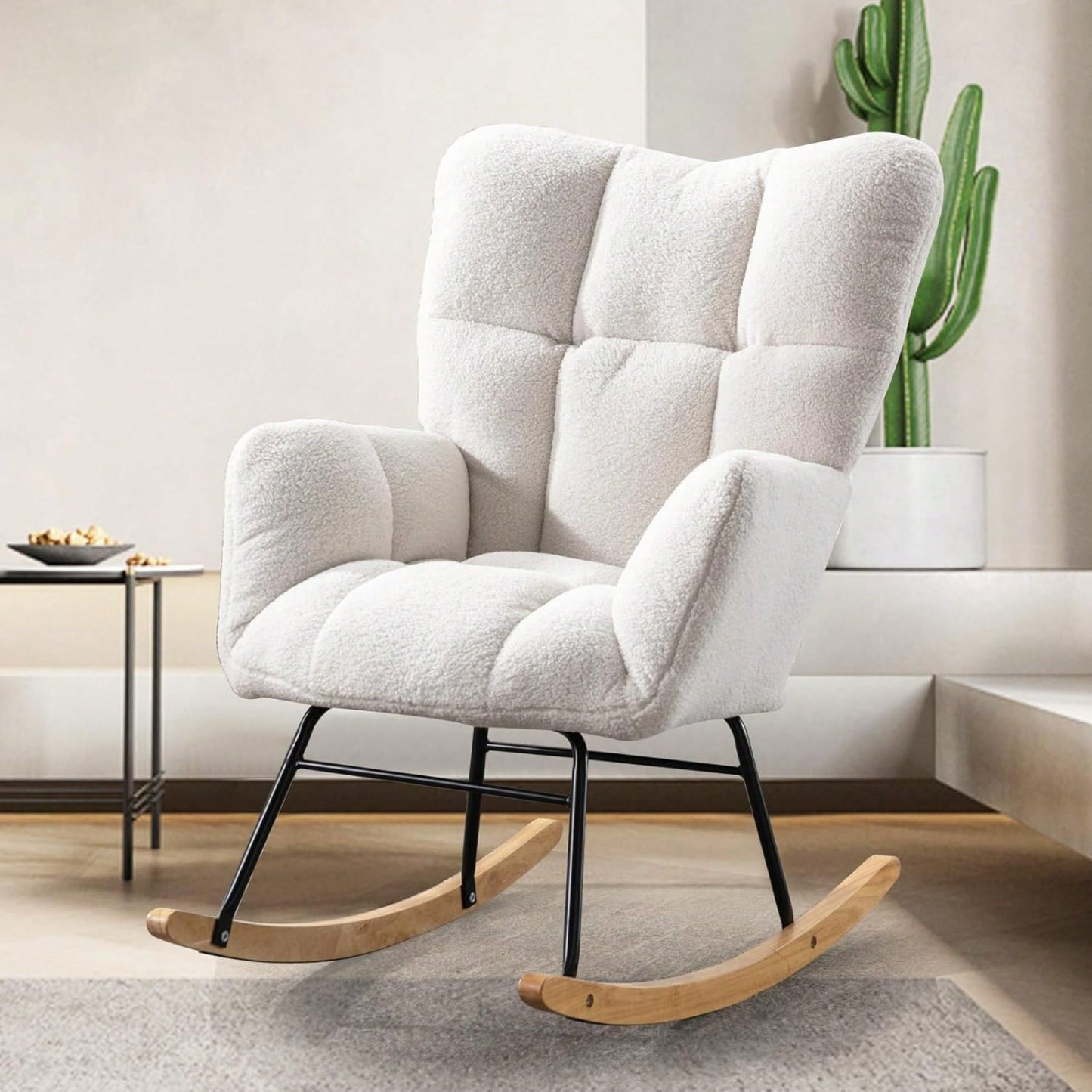 Modern Deep Green Teddy Fabric Rocking Chair For Nursery Living Room And Bedroom