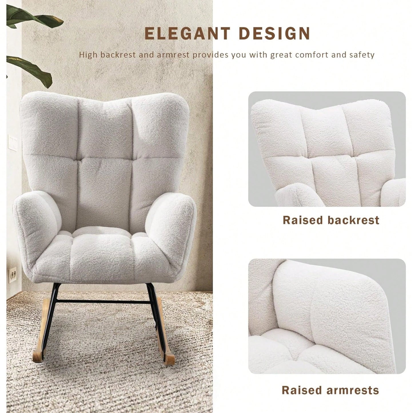 Modern Deep Green Teddy Fabric Rocking Chair For Nursery Living Room And Bedroom