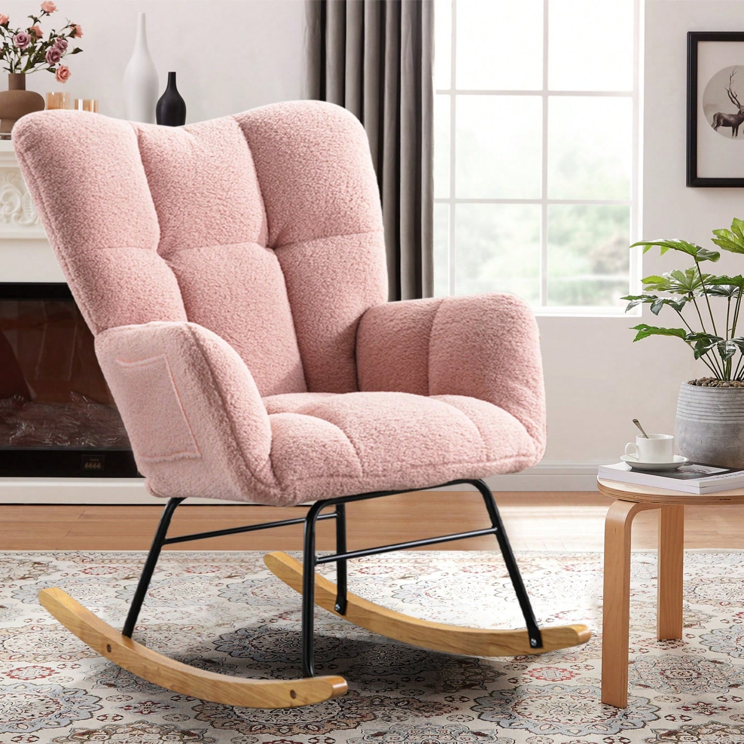 Modern Deep Green Teddy Fabric Rocking Chair For Nursery Living Room And Bedroom