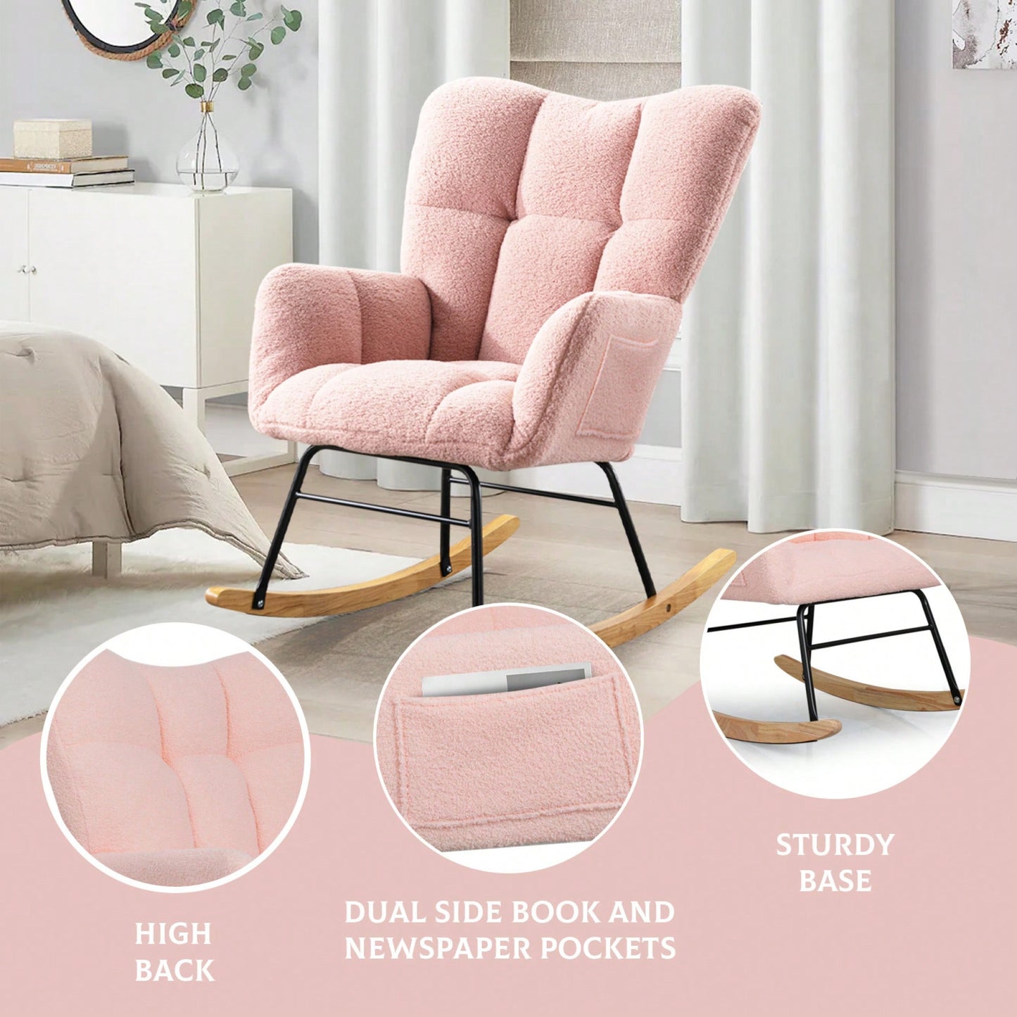 Modern Deep Green Teddy Fabric Rocking Chair For Nursery Living Room And Bedroom