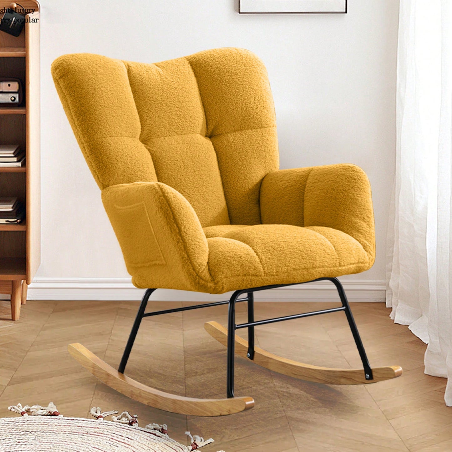 Modern Deep Green Teddy Fabric Rocking Chair For Nursery Living Room And Bedroom