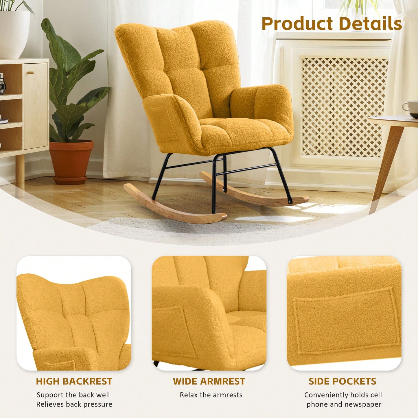 Modern Deep Green Teddy Fabric Rocking Chair For Nursery Living Room And Bedroom