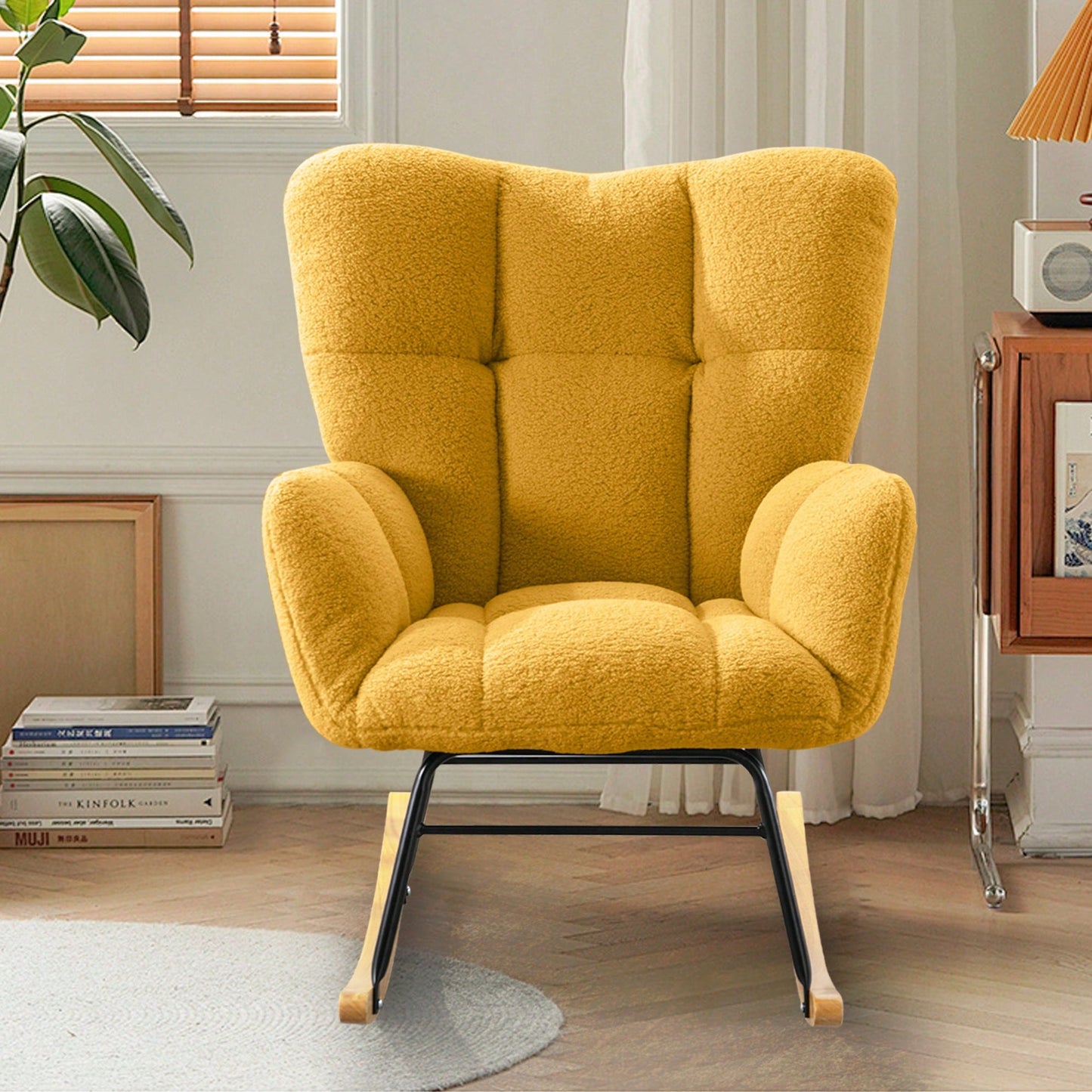 Modern Deep Green Teddy Fabric Rocking Chair For Nursery Living Room And Bedroom