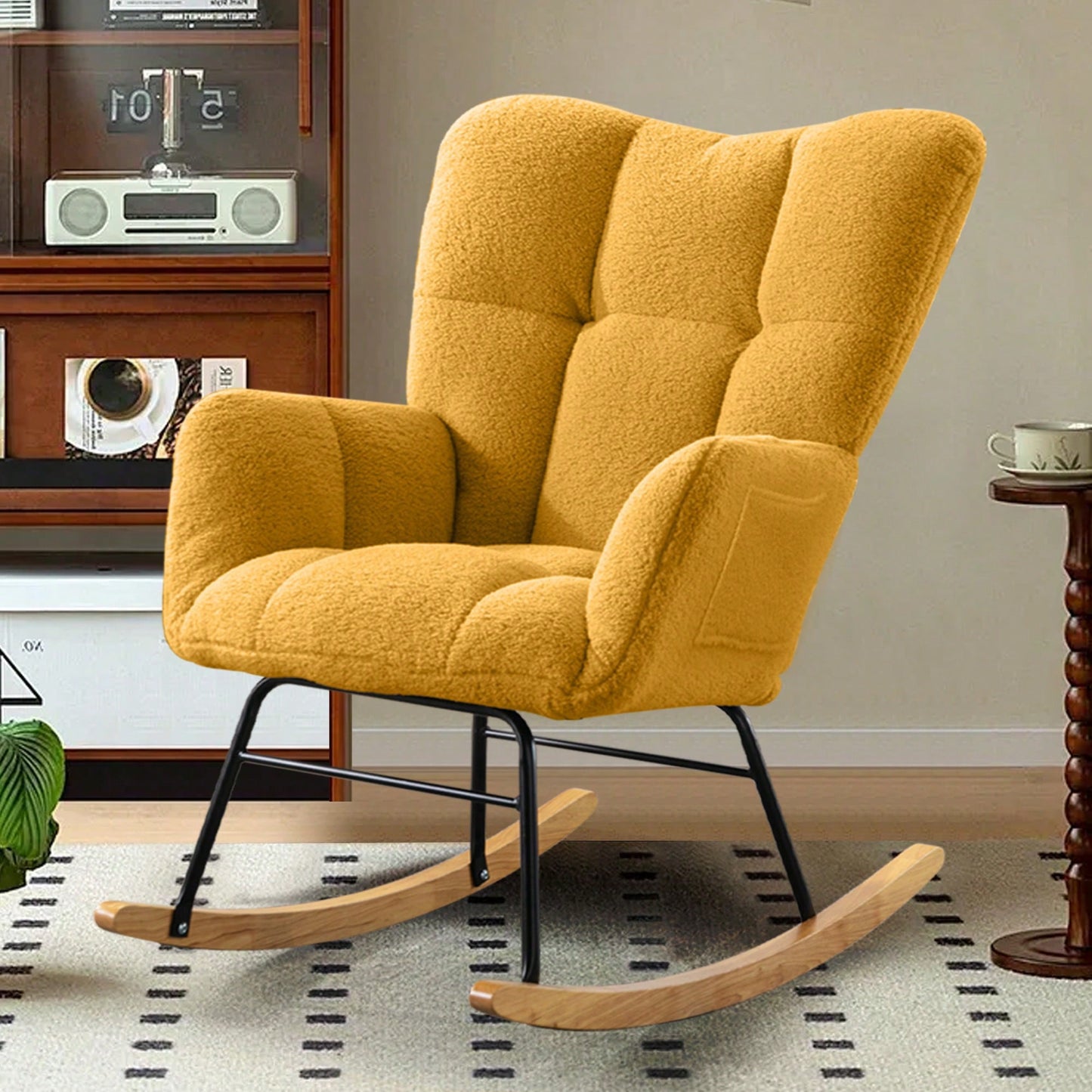 Modern Deep Green Teddy Fabric Rocking Chair For Nursery Living Room And Bedroom