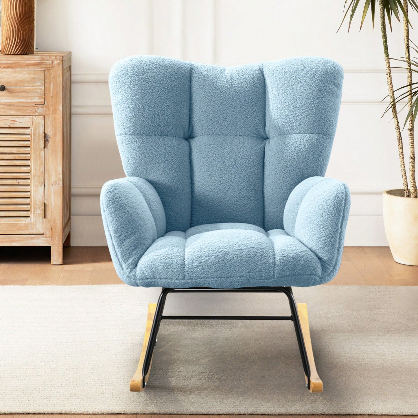 Modern Deep Green Teddy Fabric Rocking Chair For Nursery Living Room And Bedroom