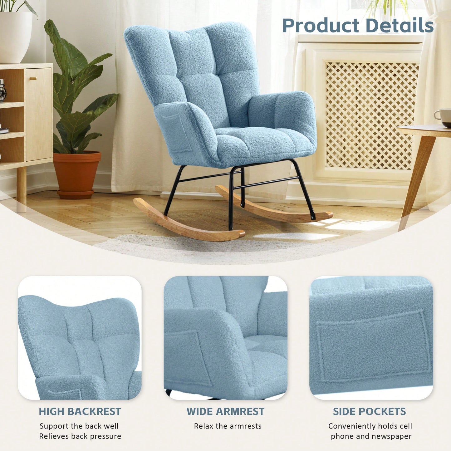 Modern Deep Green Teddy Fabric Rocking Chair For Nursery Living Room And Bedroom