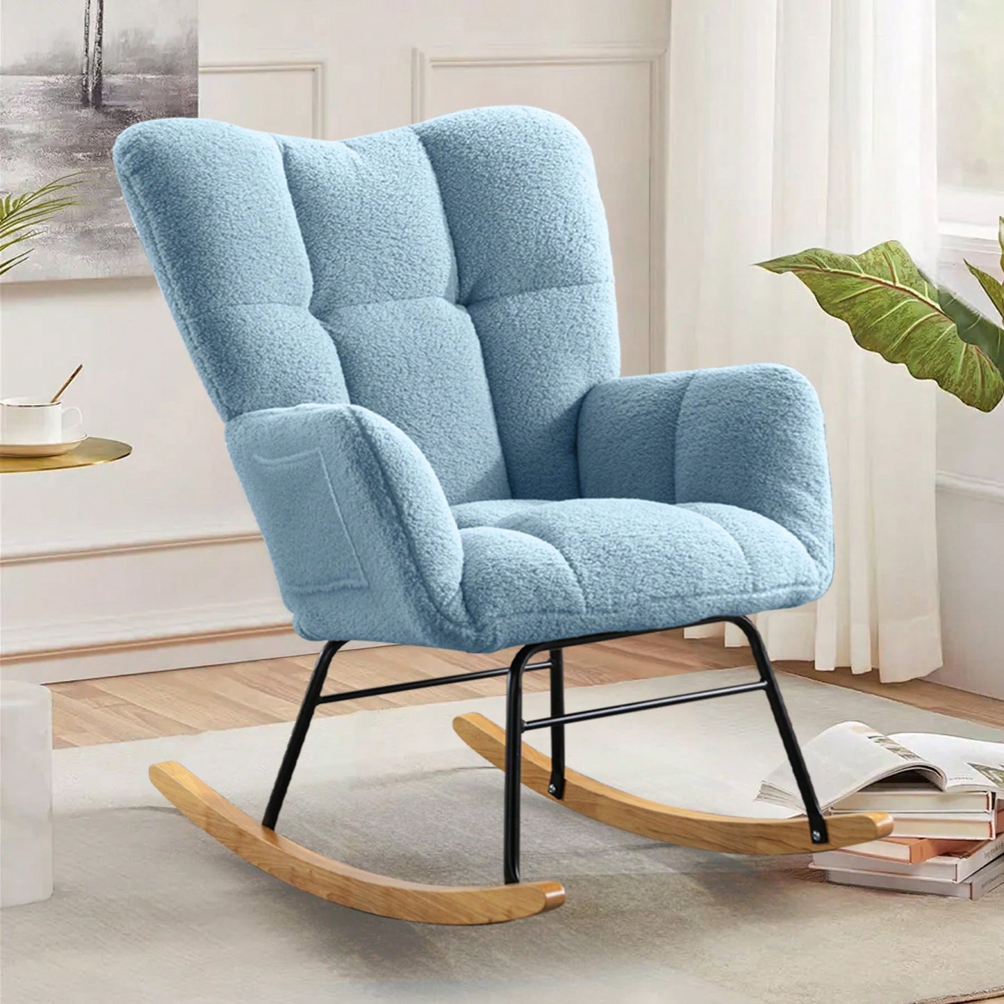 Modern Deep Green Teddy Fabric Rocking Chair For Nursery Living Room And Bedroom