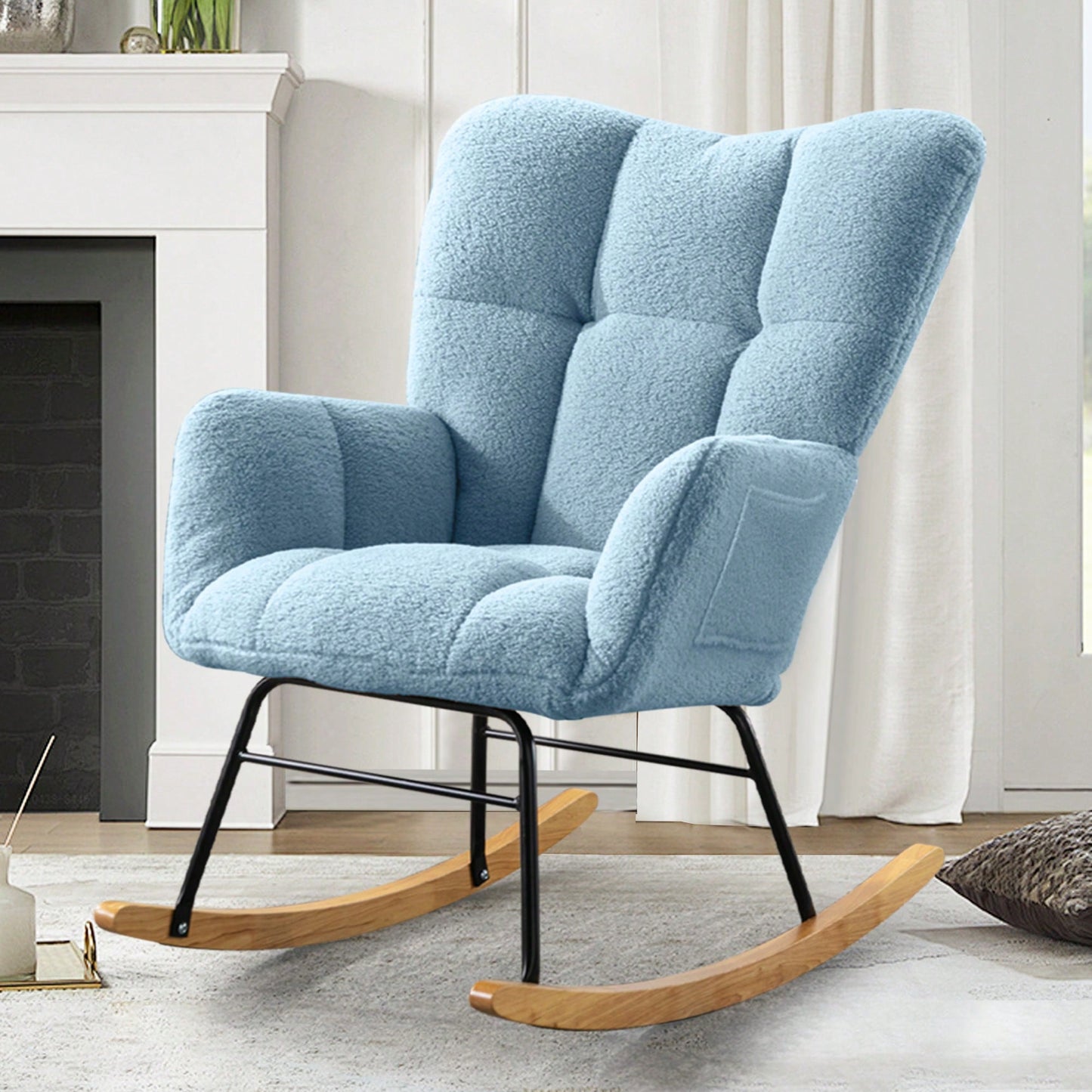 Modern Deep Green Teddy Fabric Rocking Chair For Nursery Living Room And Bedroom