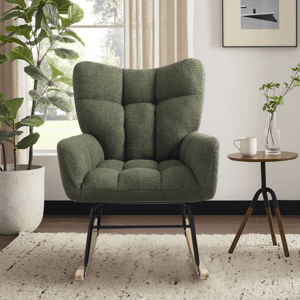 Modern Deep Green Teddy Fabric Rocking Chair For Nursery Living Room And Bedroom