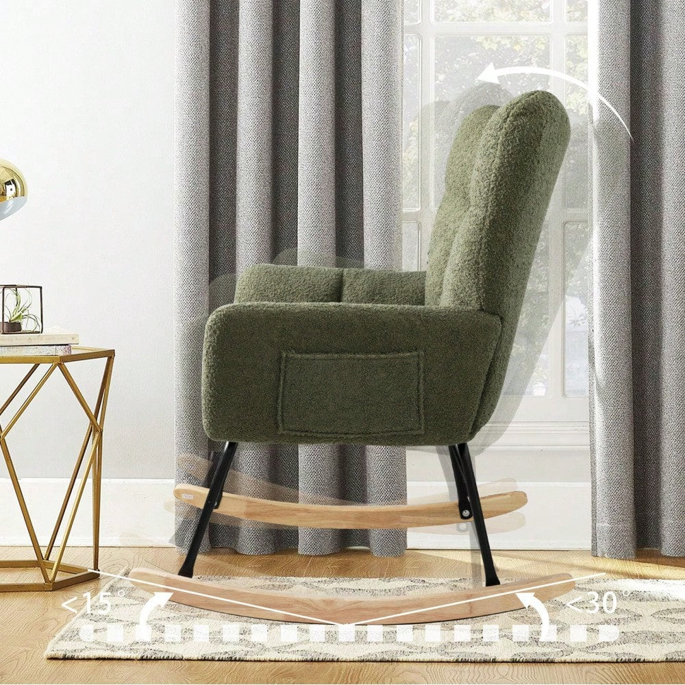 Modern Deep Green Teddy Fabric Rocking Chair For Nursery Living Room And Bedroom