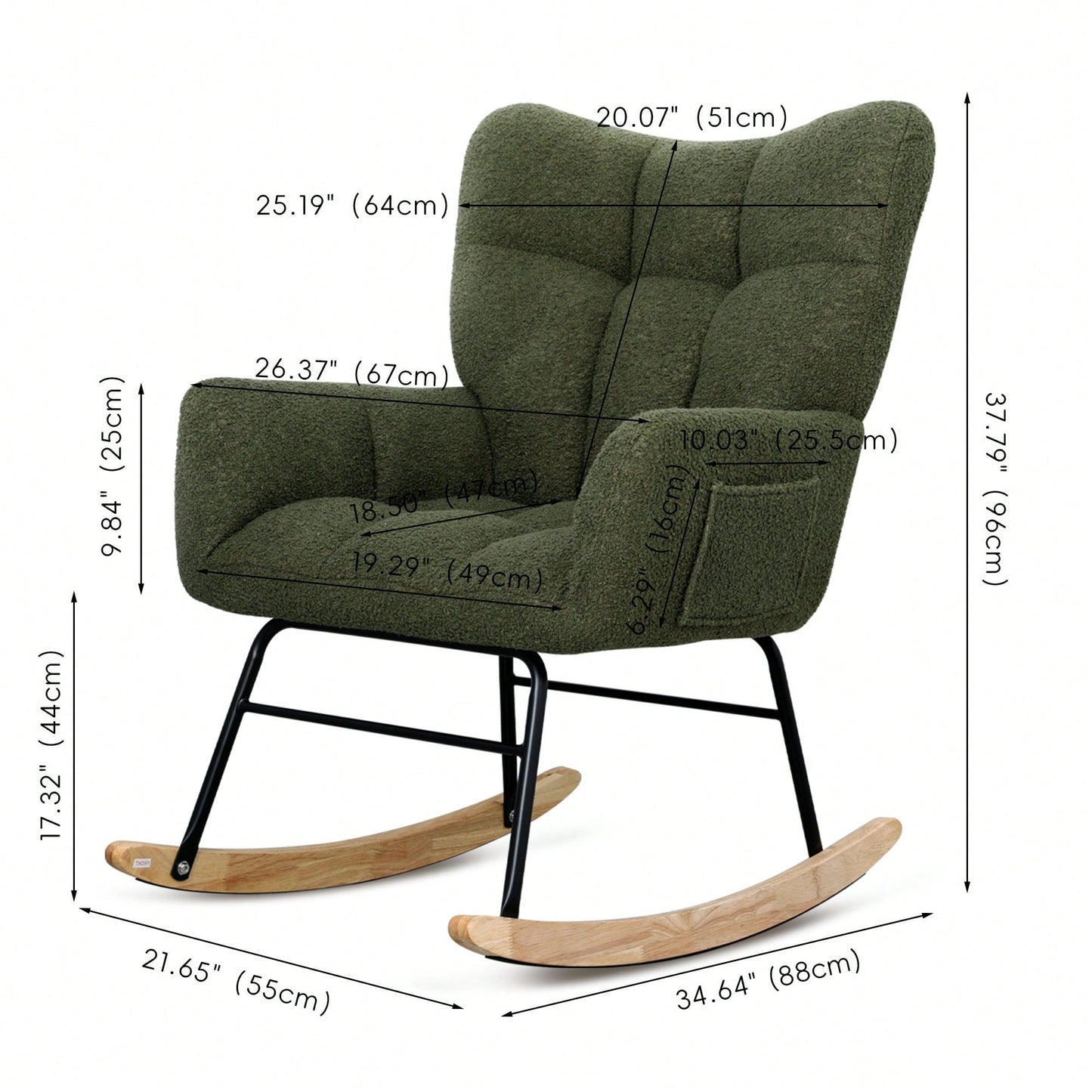 Modern Deep Green Teddy Fabric Rocking Chair For Nursery Living Room And Bedroom