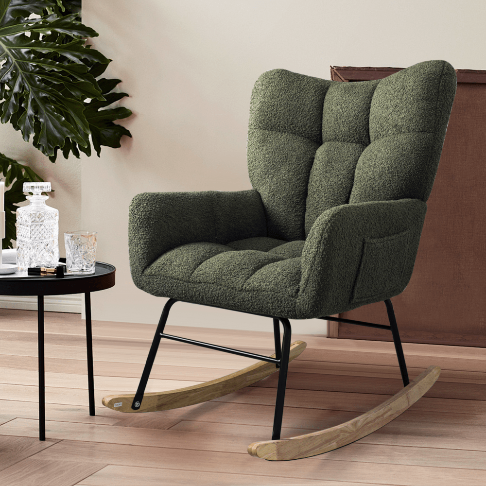 Modern Deep Green Teddy Fabric Rocking Chair For Nursery Living Room And Bedroom