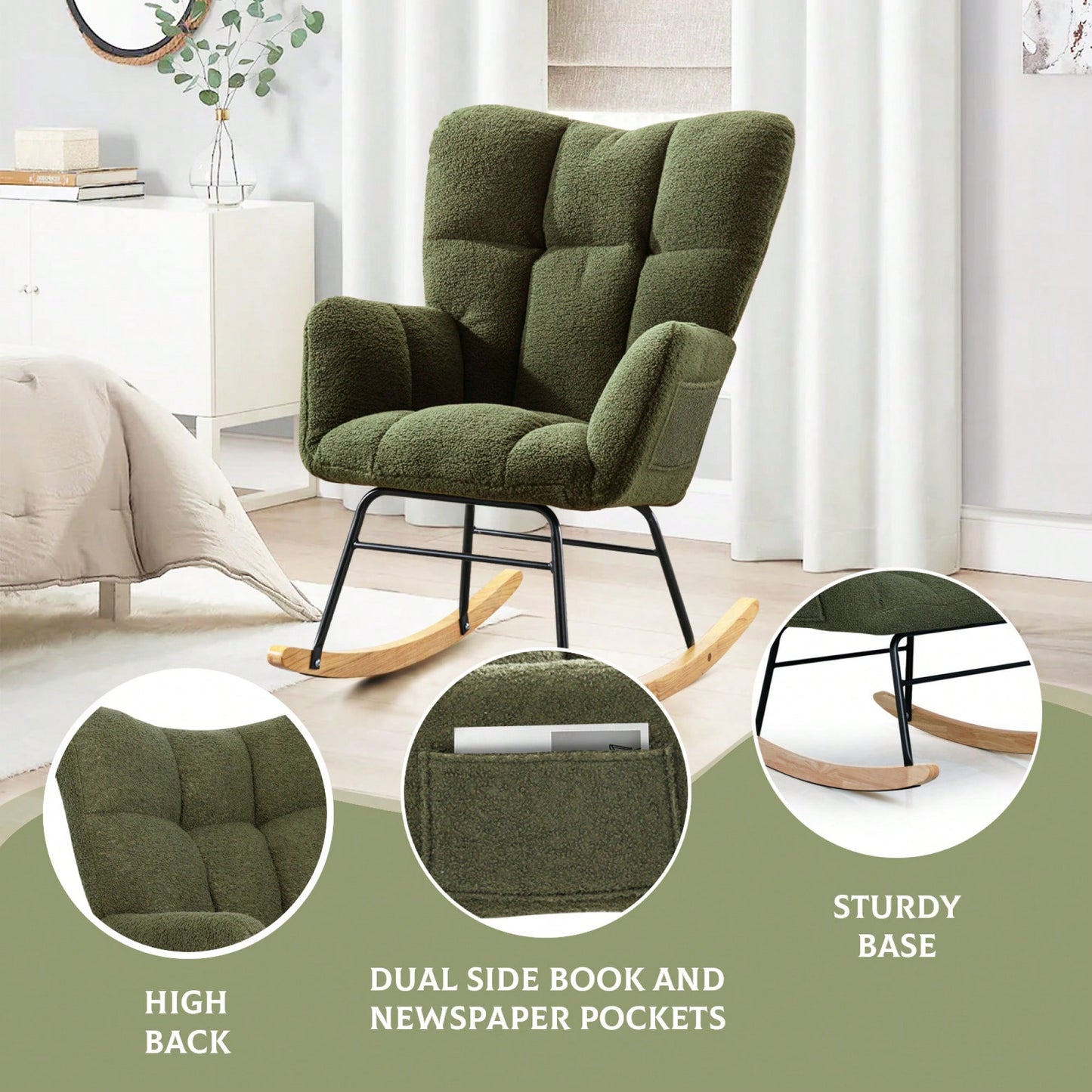Modern Deep Green Teddy Fabric Rocking Chair For Nursery Living Room And Bedroom