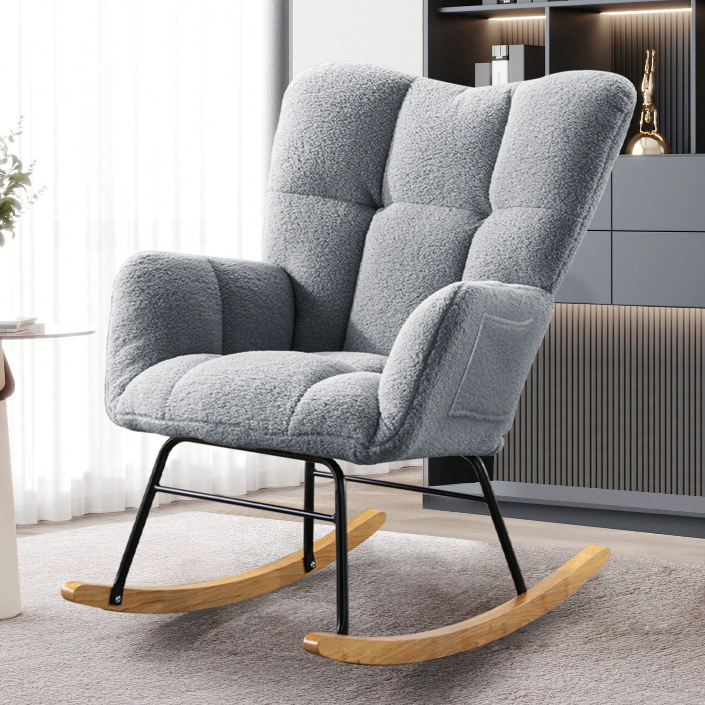 Modern Deep Green Teddy Fabric Rocking Chair For Nursery Living Room And Bedroom