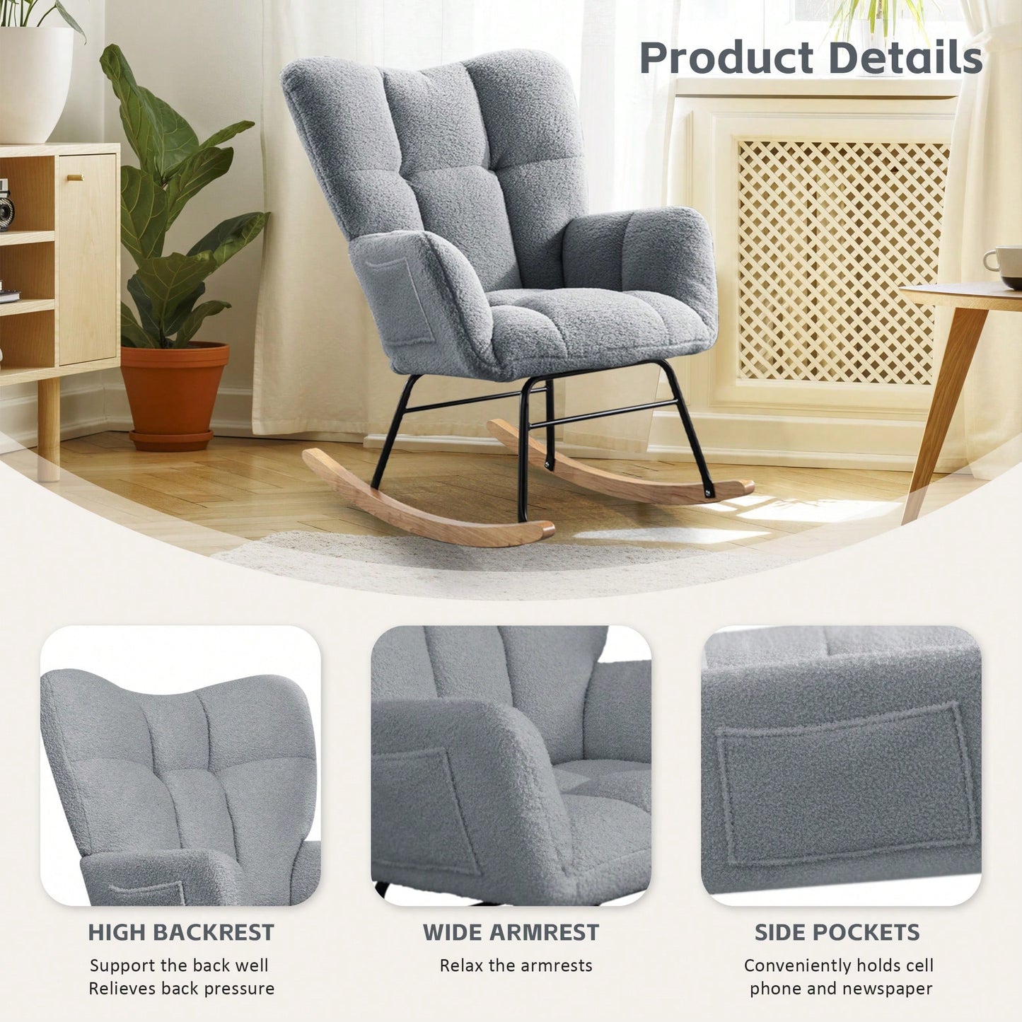Modern Deep Green Teddy Fabric Rocking Chair For Nursery Living Room And Bedroom