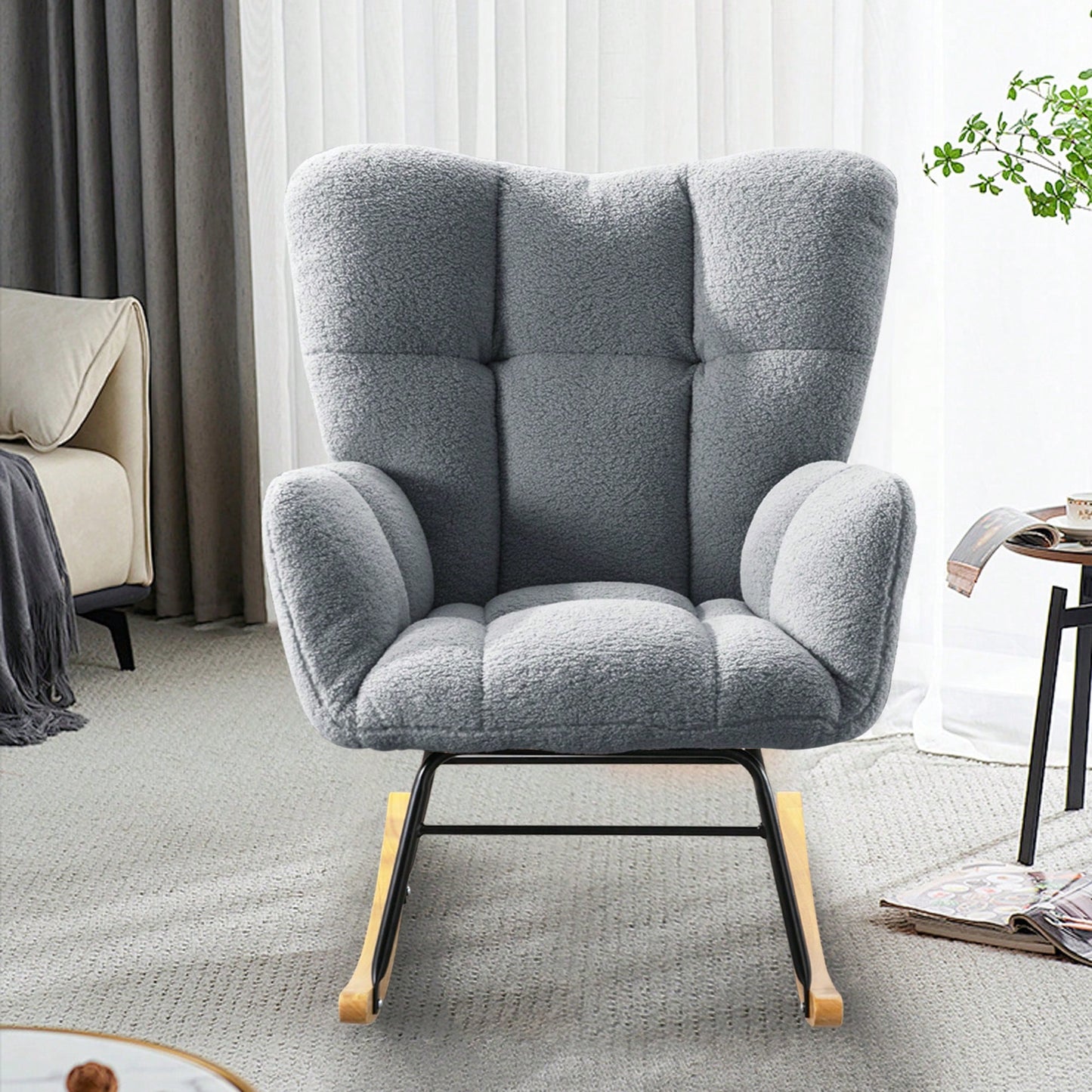 Modern Deep Green Teddy Fabric Rocking Chair For Nursery Living Room And Bedroom