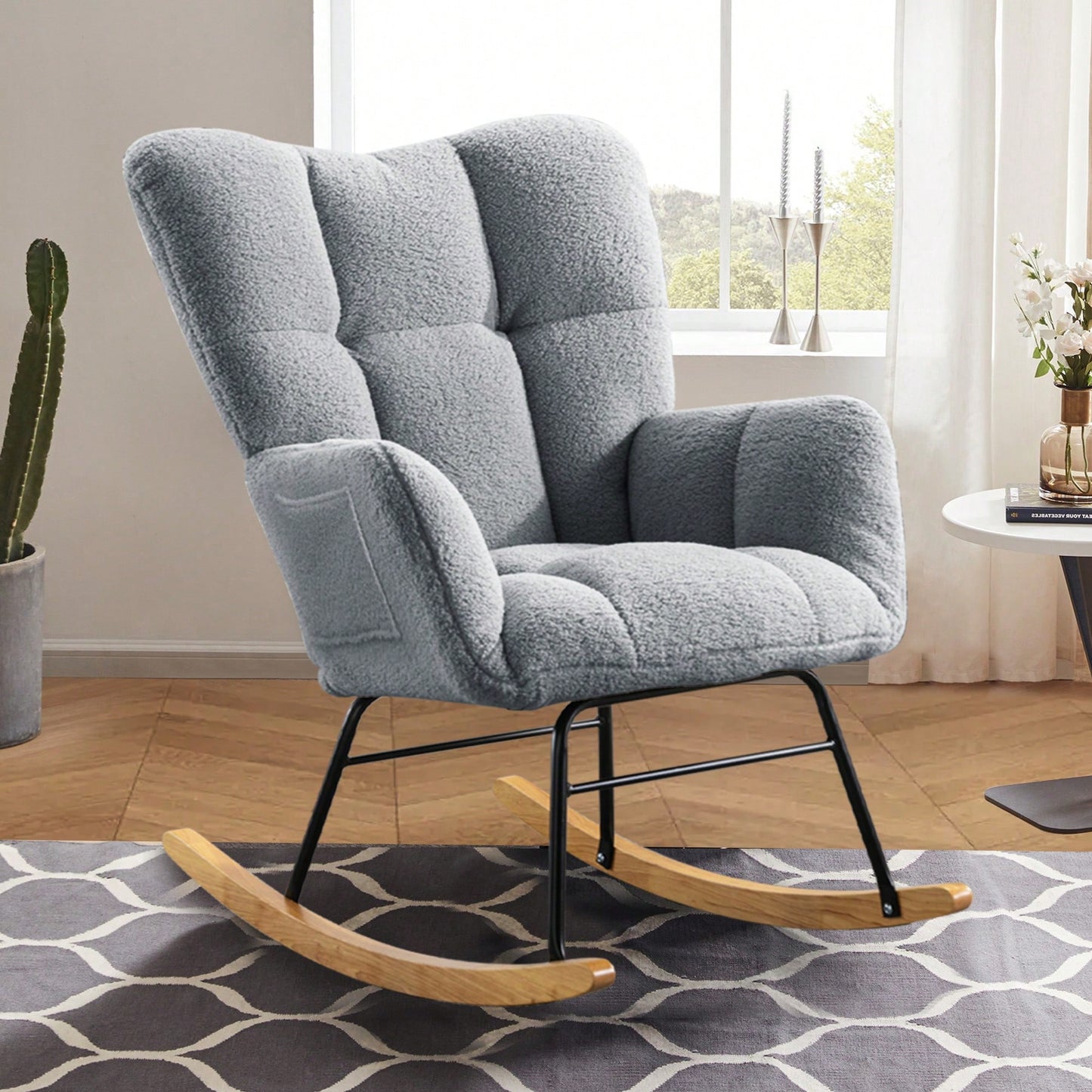 Modern Deep Green Teddy Fabric Rocking Chair For Nursery Living Room And Bedroom