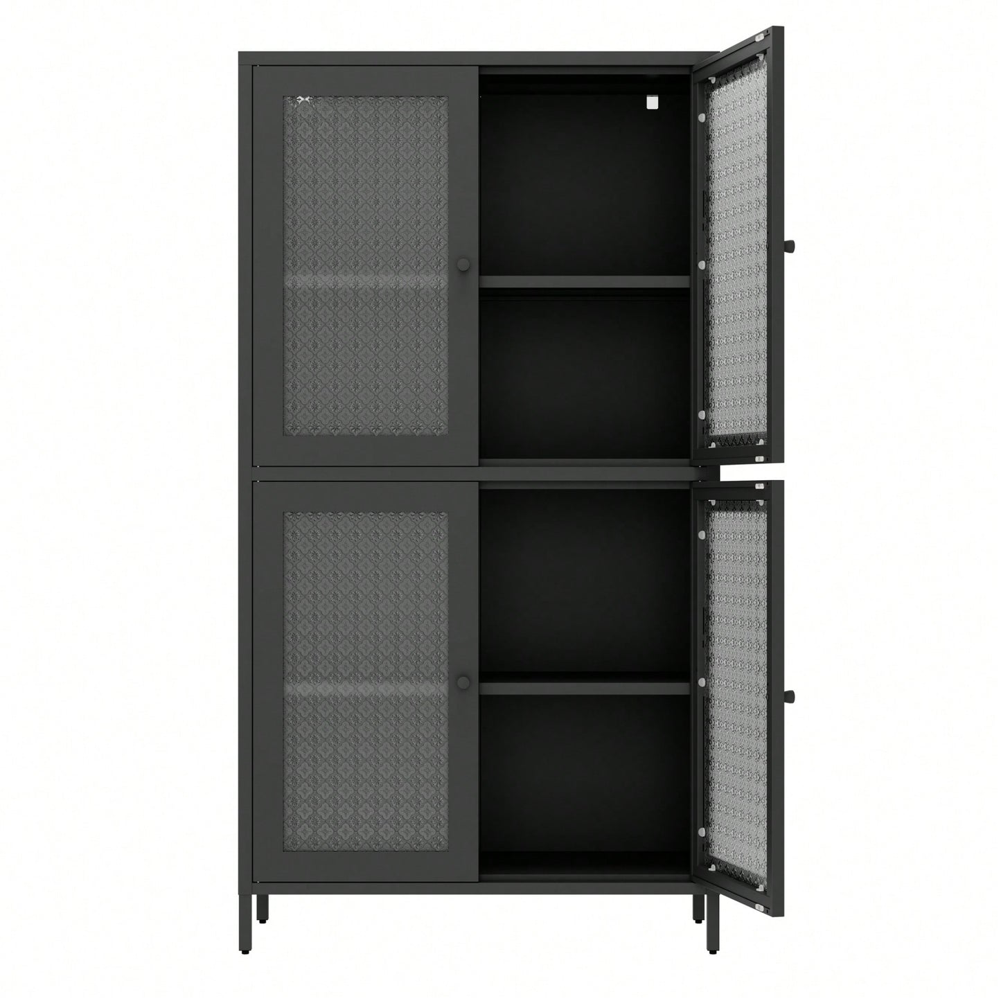 Elegant Freestanding Metal Storage Cabinet with 4 Glass Doors and Shelves for Home Office Kitchen Hallway - Black and Begonia Glass