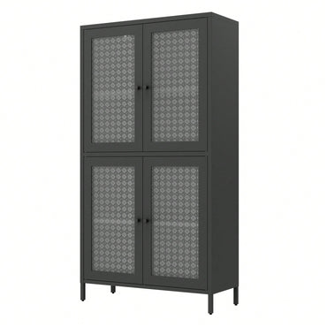 Elegant Freestanding Metal Storage Cabinet with 4 Glass Doors and Shelves for Home Office Kitchen Hallway - Black and Begonia Glass