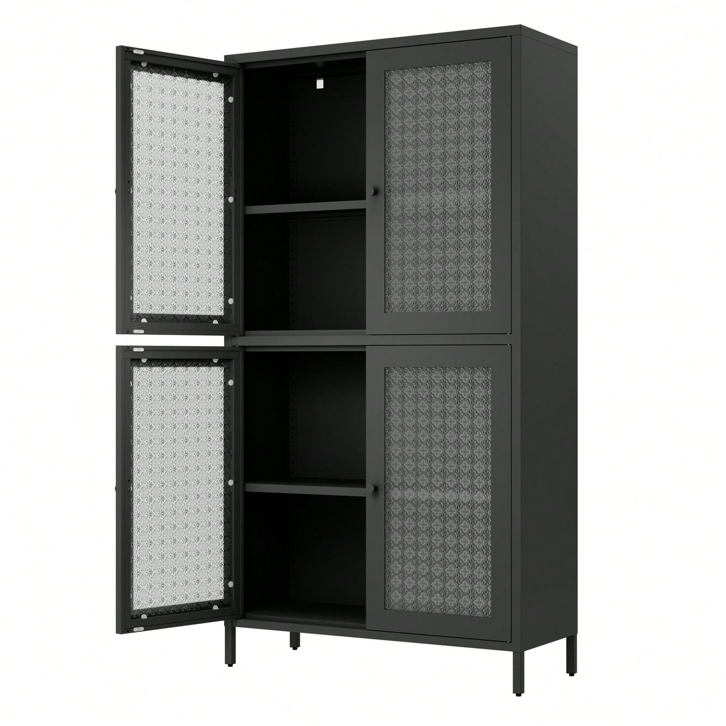 Elegant Freestanding Metal Storage Cabinet with 4 Glass Doors and Shelves for Home Office Kitchen Hallway - Black and Begonia Glass