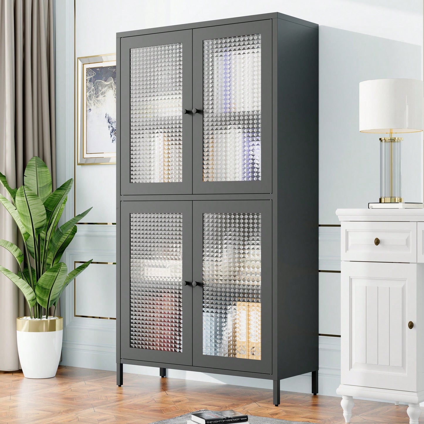 Elegant Black Metal Display Cabinet With 4 Tempered Glass Doors And Shelves For Home Office Living Room Kitchen Hallway Storage