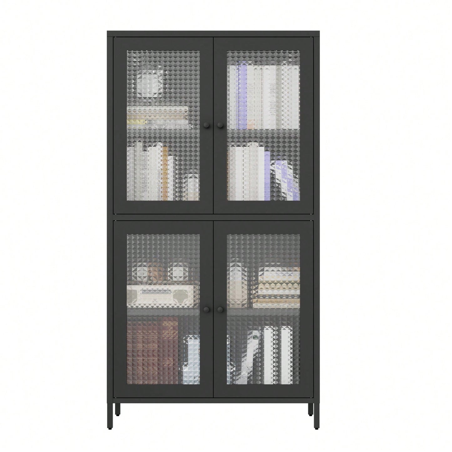 Elegant Black Metal Display Cabinet With 4 Tempered Glass Doors And Shelves For Home Office Living Room Kitchen Hallway Storage