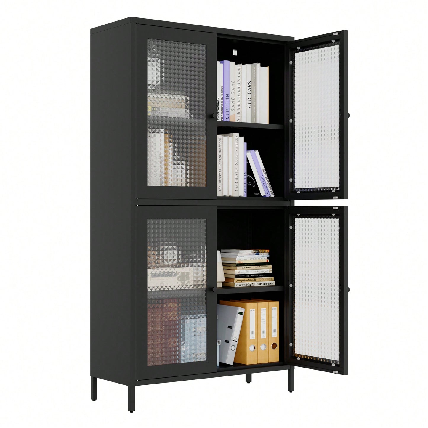 Elegant Black Metal Display Cabinet With 4 Tempered Glass Doors And Shelves For Home Office Living Room Kitchen Hallway Storage
