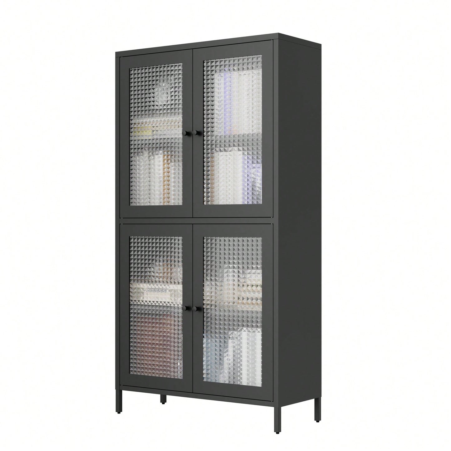 Elegant Black Metal Display Cabinet With 4 Tempered Glass Doors And Shelves For Home Office Living Room Kitchen Hallway Storage