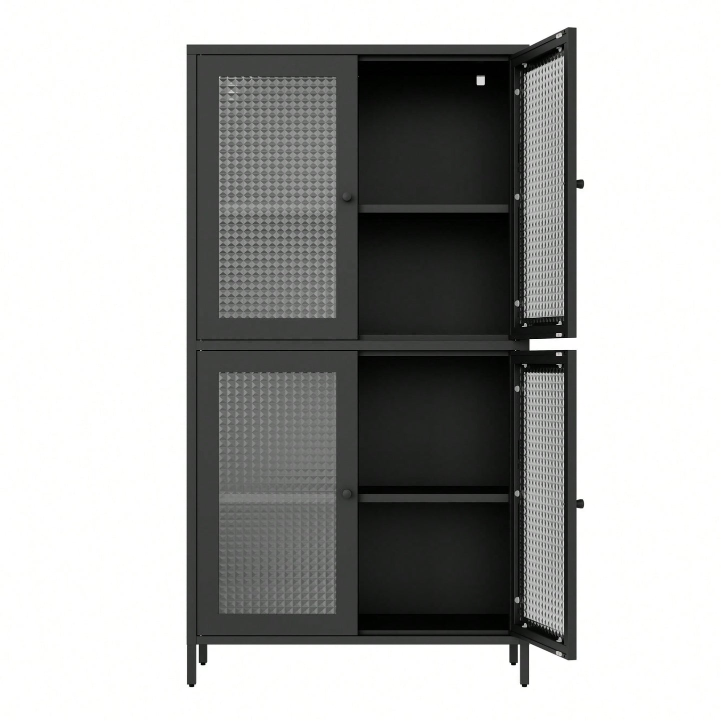 Elegant Black Metal Display Cabinet With 4 Tempered Glass Doors And Shelves For Home Office Living Room Kitchen Hallway Storage
