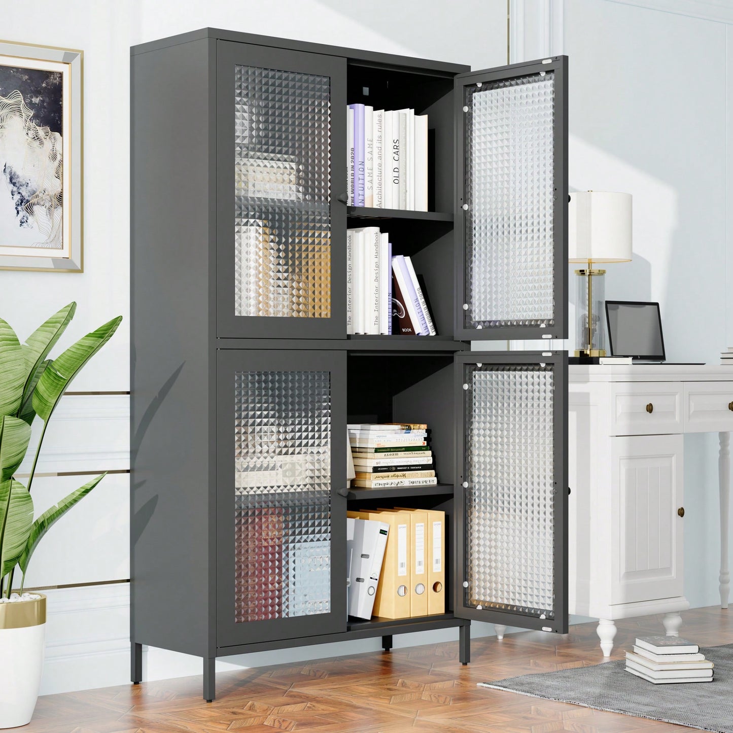 Elegant Black Metal Display Cabinet With 4 Tempered Glass Doors And Shelves For Home Office Living Room Kitchen Hallway Storage