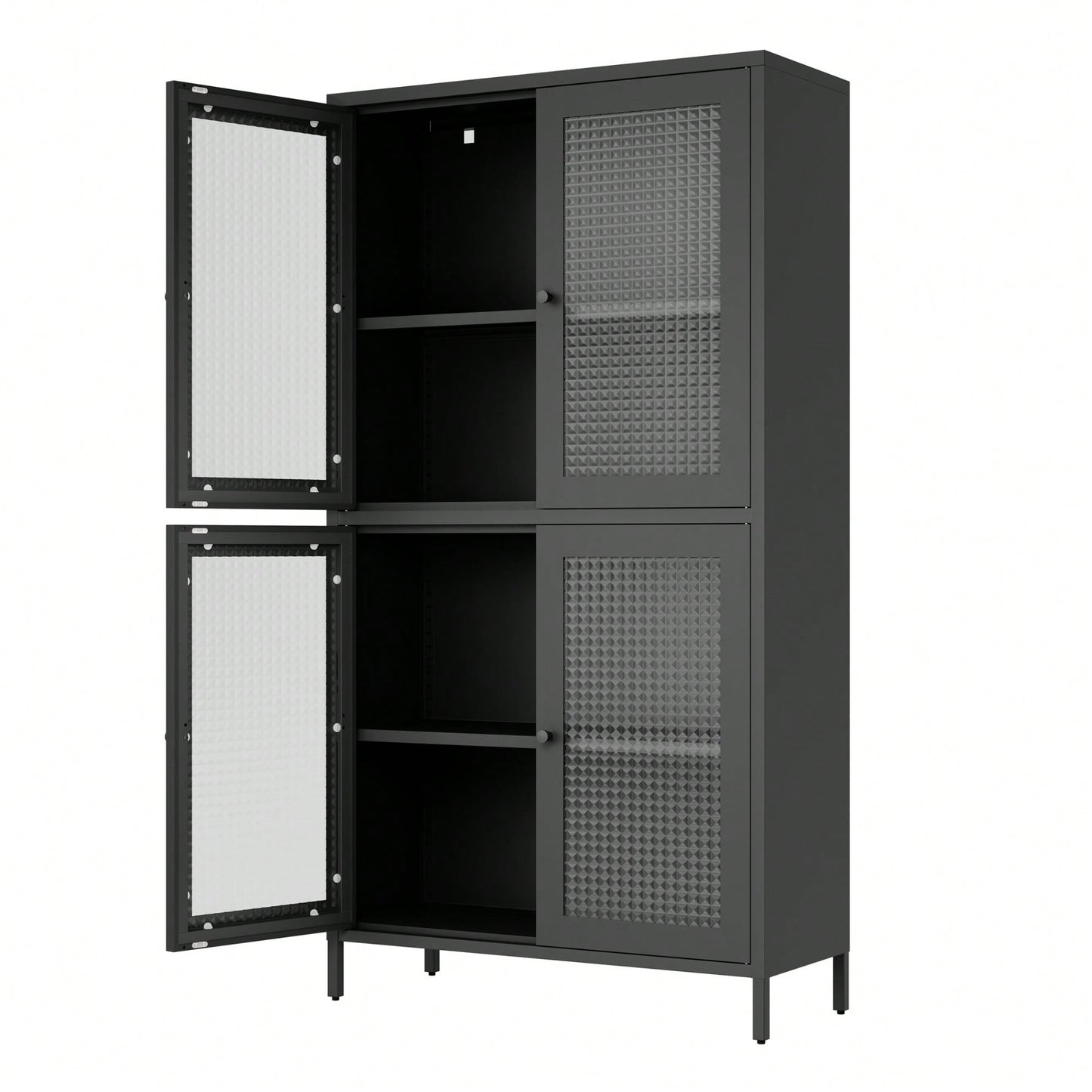 Elegant Black Metal Display Cabinet With 4 Tempered Glass Doors And Shelves For Home Office Living Room Kitchen Hallway Storage