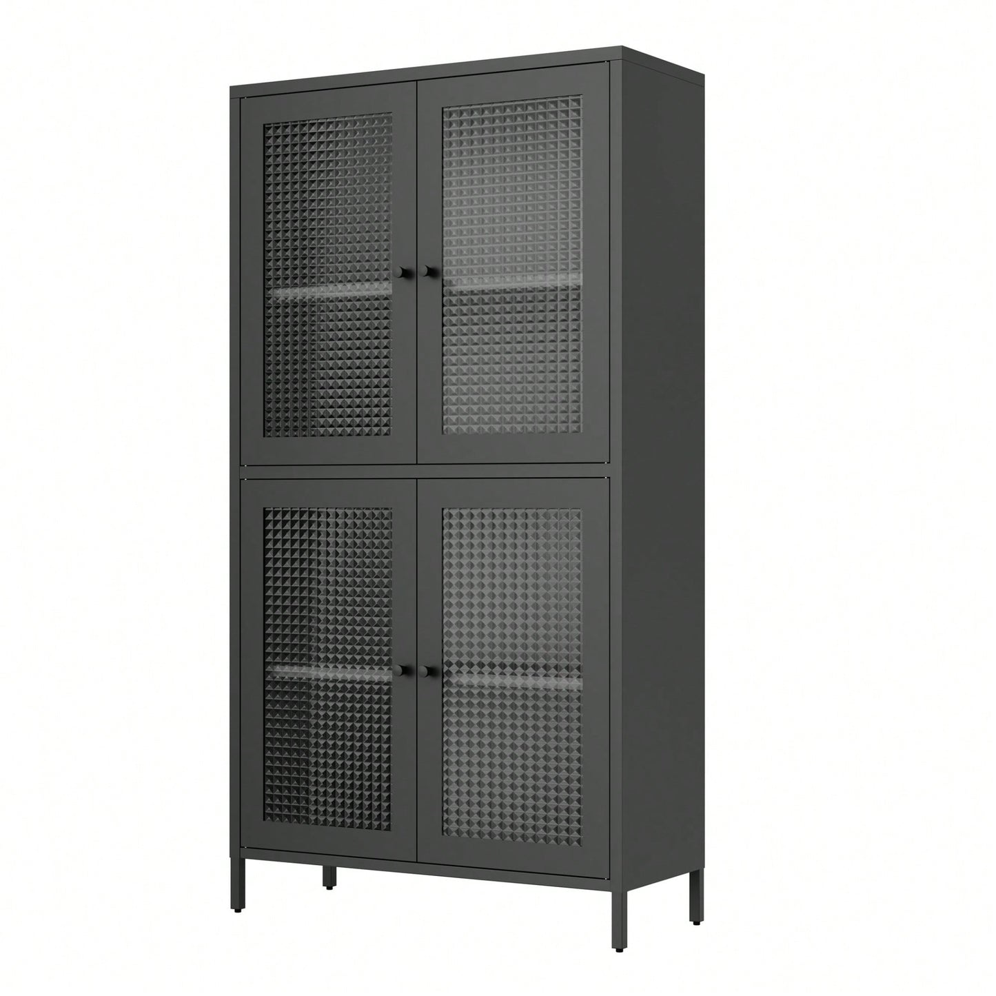Elegant Black Metal Display Cabinet With 4 Tempered Glass Doors And Shelves For Home Office Living Room Kitchen Hallway Storage