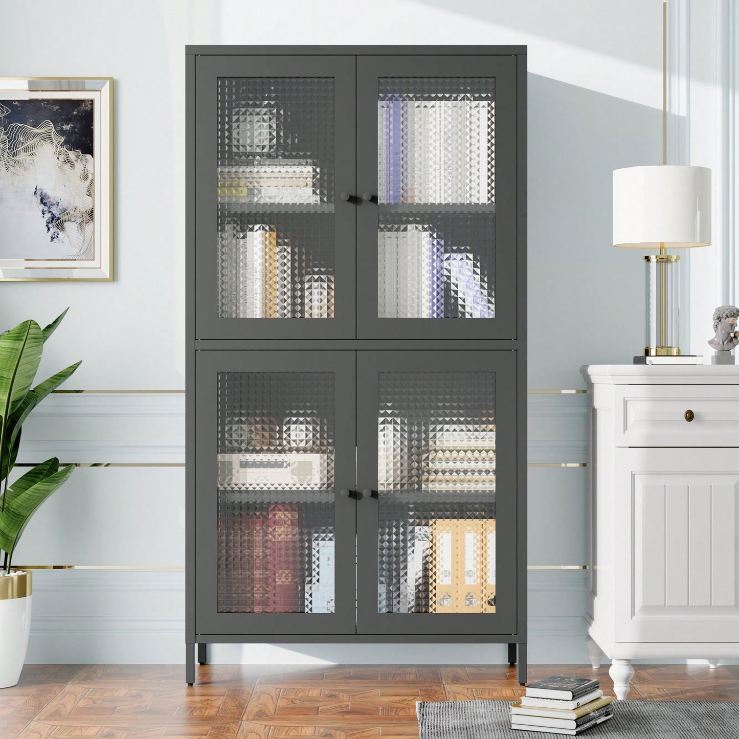 Elegant Black Metal Display Cabinet With 4 Tempered Glass Doors And Shelves For Home Office Living Room Kitchen Hallway Storage