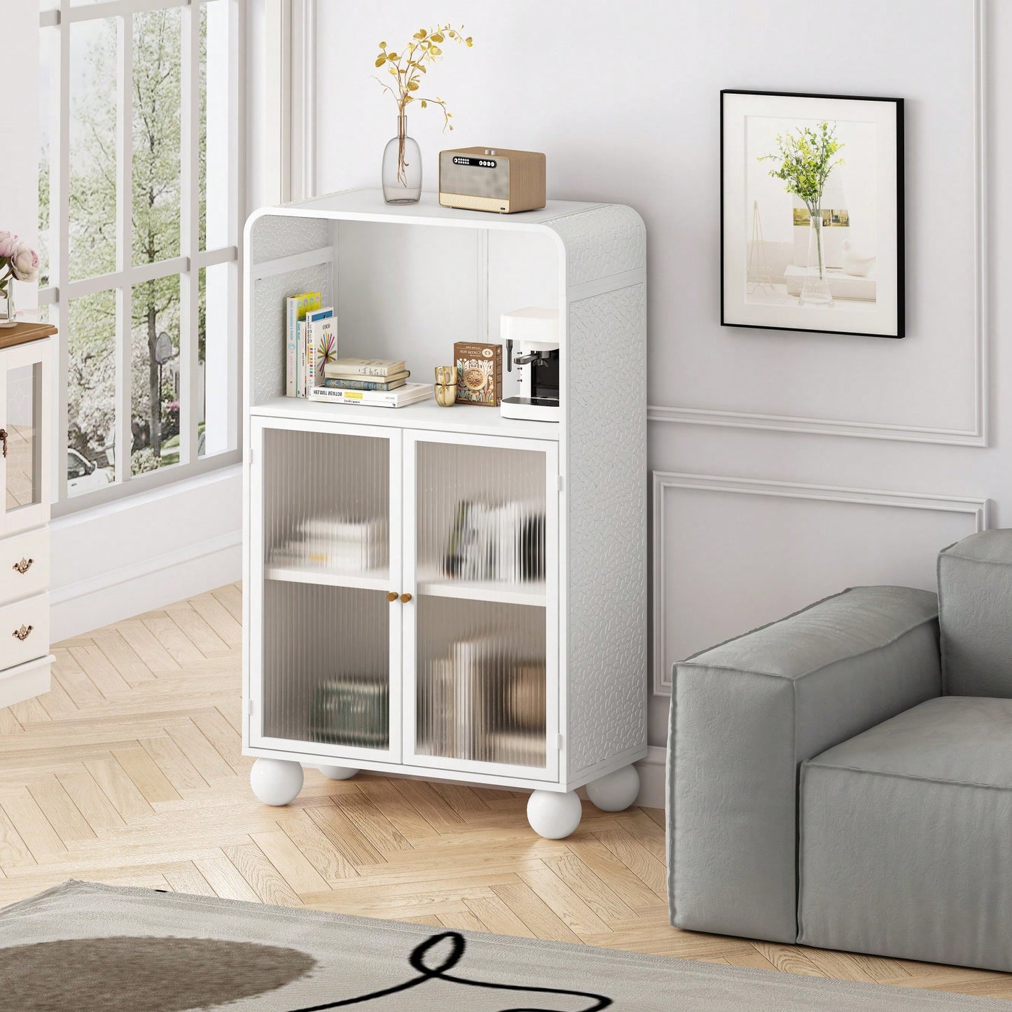 45.28 Inch Tall Freestanding Storage Cabinet With Glass Door And Shelves For Bathroom Living Room Kitchen Home Office Green