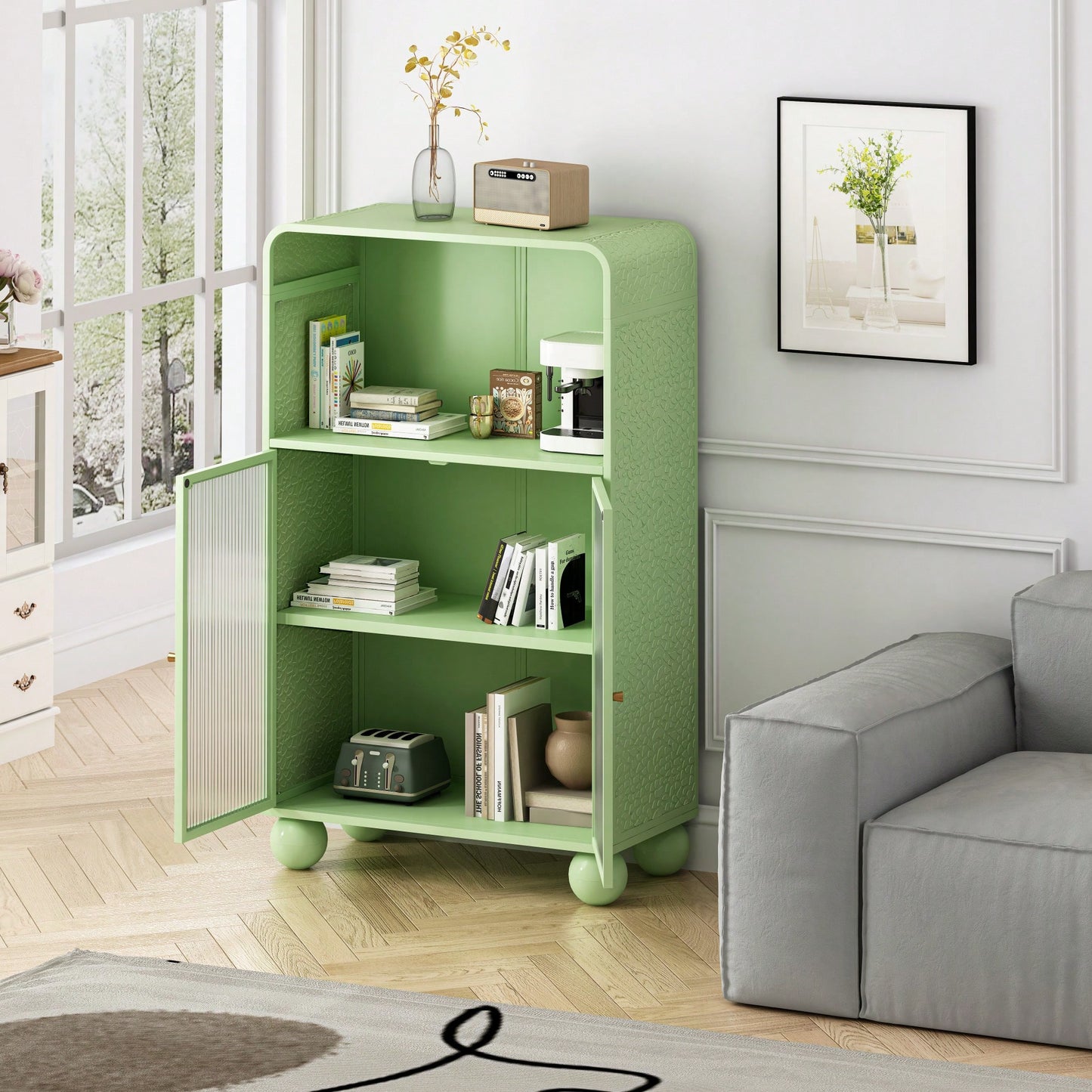 45.28 Inch Tall Freestanding Storage Cabinet With Glass Door And Shelves For Bathroom Living Room Kitchen Home Office Green