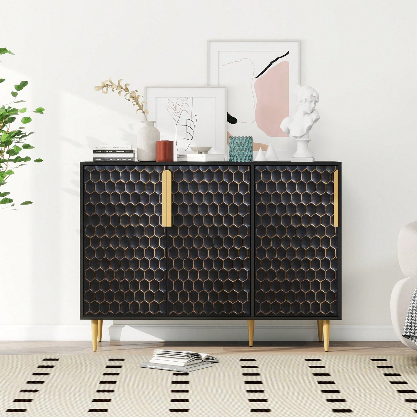 Stylish 3 Door Storage Cabinet With Adjustable Shelves And Hexagon Pattern Metal Doors For Living Room Dining Room Kitchen And Entrance