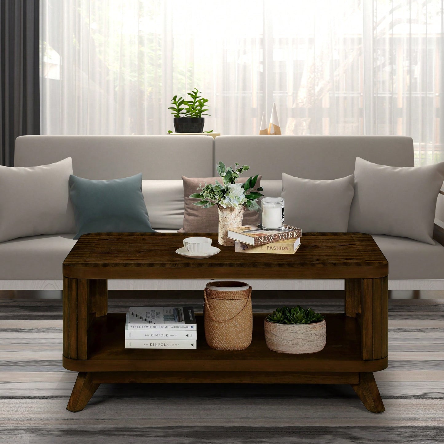 Rectangular Wooden Coffee Table With Open Storage Shelf For Living Room Easy Assembly Walnut Finish 41.5-Inch Center Table