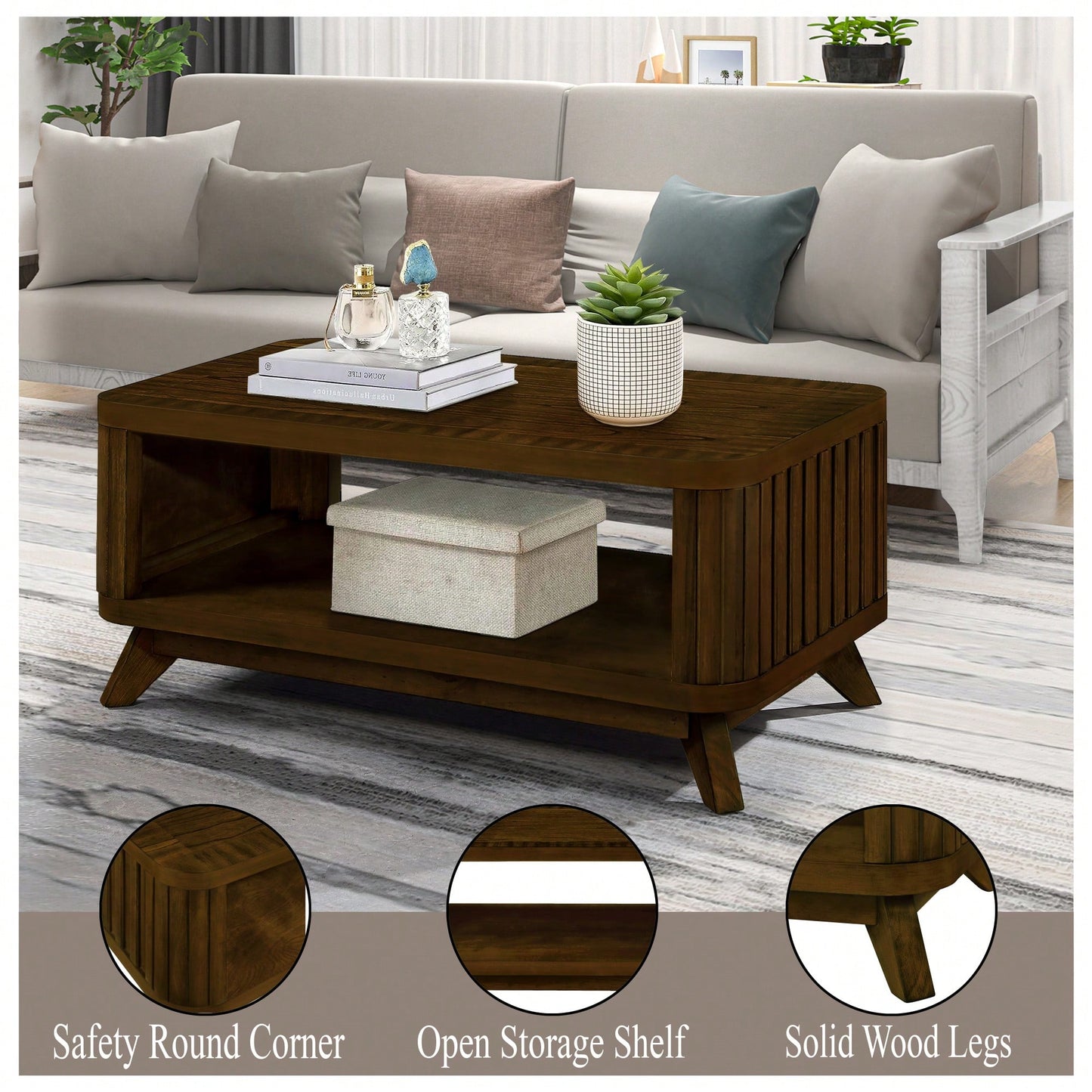 Rectangular Wooden Coffee Table With Open Storage Shelf For Living Room Easy Assembly Walnut Finish 41.5-Inch Center Table