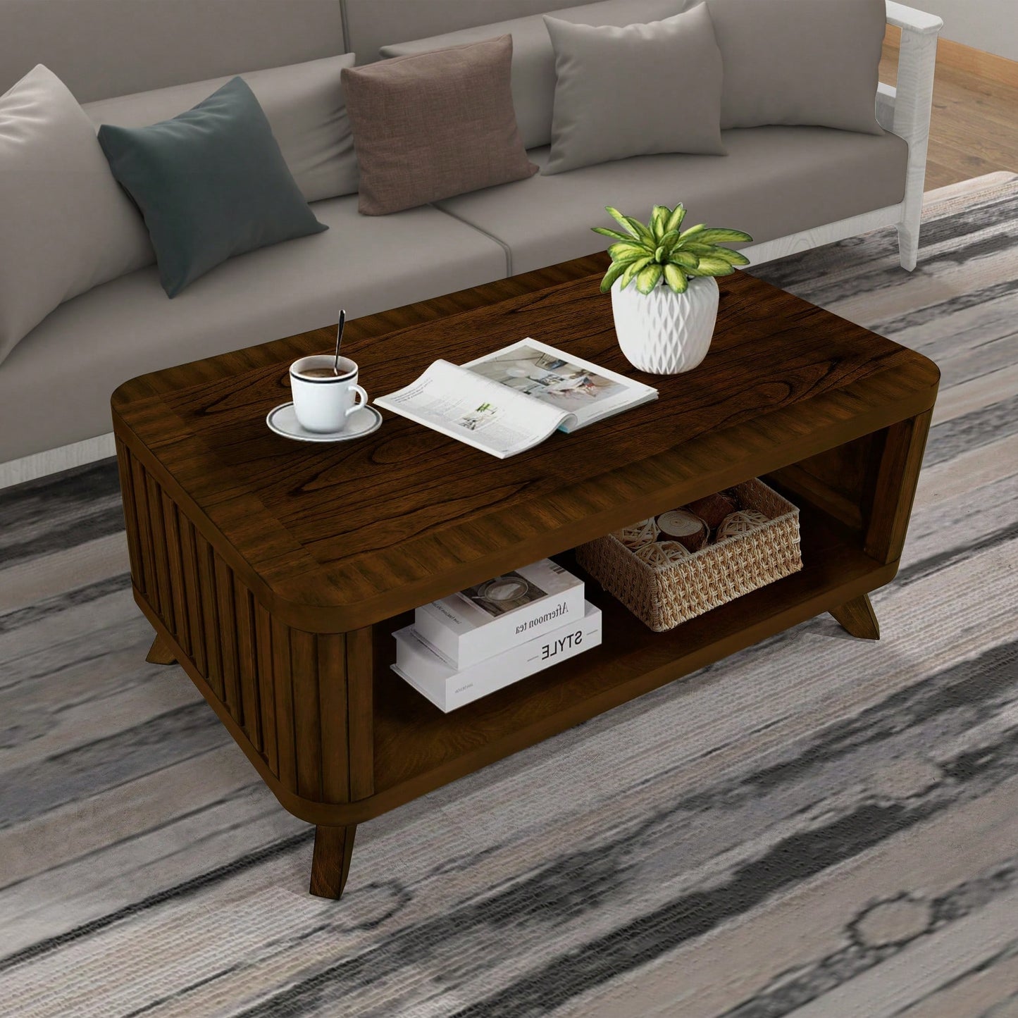 Rectangular Wooden Coffee Table With Open Storage Shelf For Living Room Easy Assembly Walnut Finish 41.5-Inch Center Table