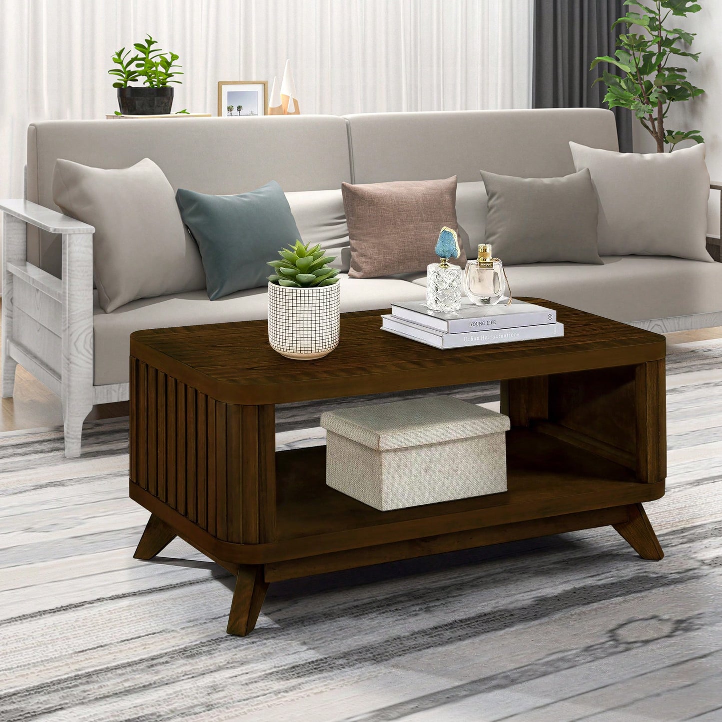 Rectangular Wooden Coffee Table With Open Storage Shelf For Living Room Easy Assembly Walnut Finish 41.5-Inch Center Table