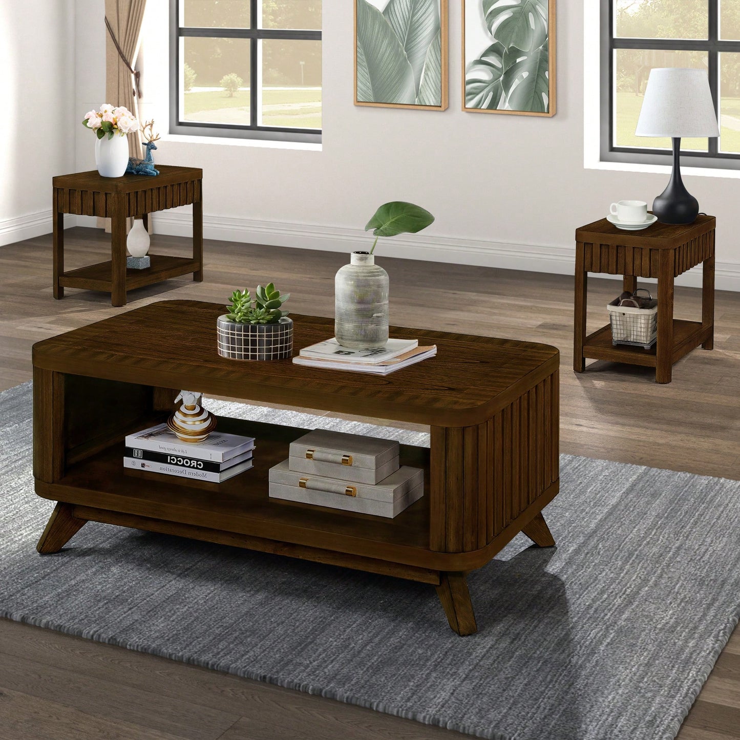 Rectangular Wooden Coffee Table With Open Storage Shelf For Living Room Easy Assembly Walnut Finish 41.5-Inch Center Table