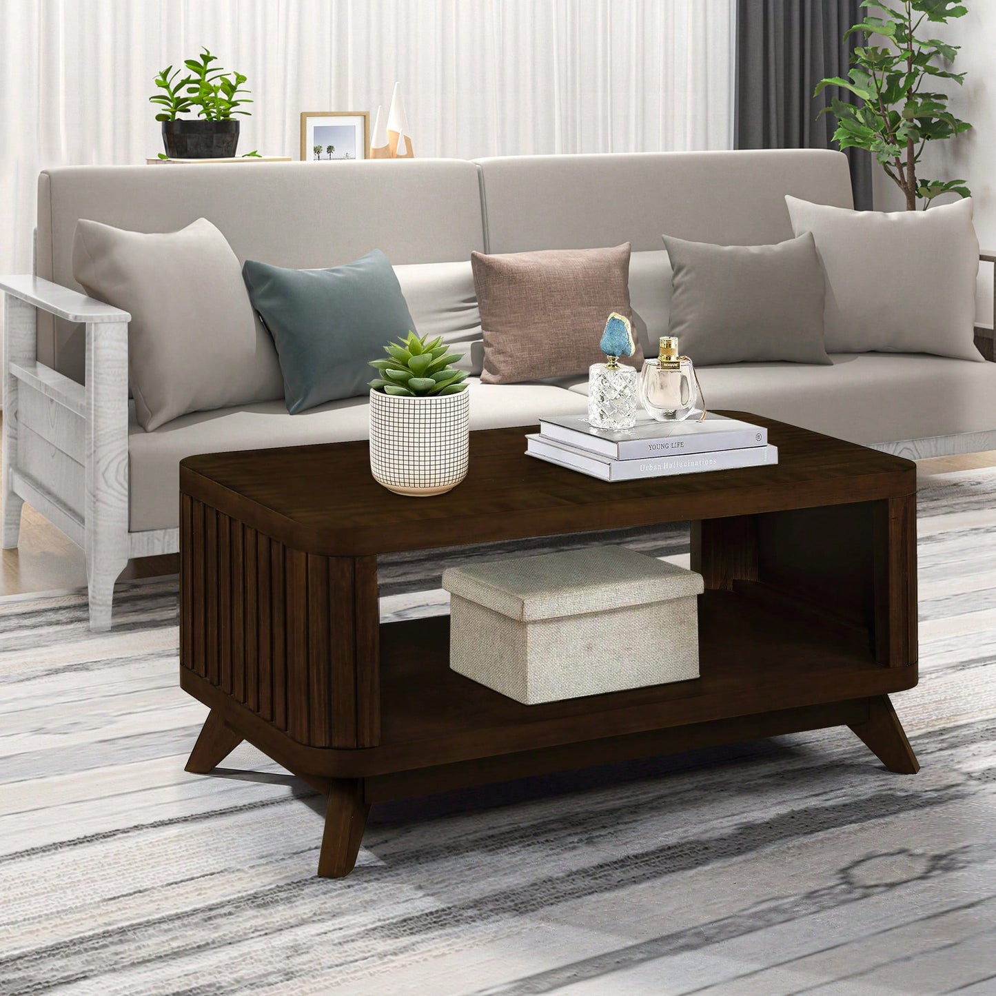 Rectangular Wooden Coffee Table With Open Storage Shelf For Living Room Easy Assembly Walnut Finish 41.5-Inch Center Table
