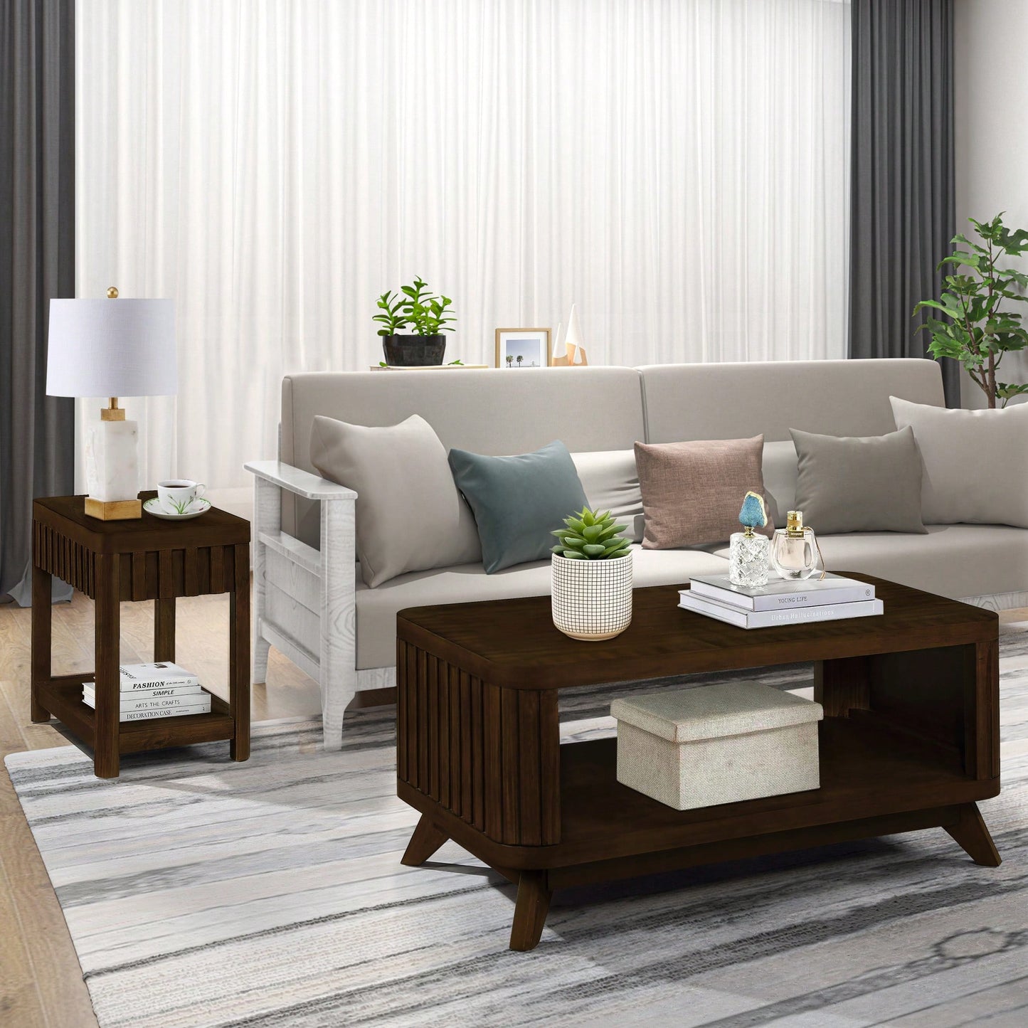 Rectangular Wooden Coffee Table With Open Storage Shelf For Living Room Easy Assembly Walnut Finish 41.5-Inch Center Table