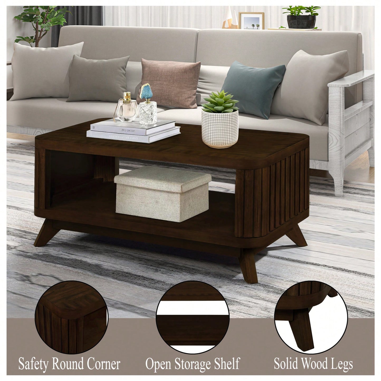 Rectangular Wooden Coffee Table With Open Storage Shelf For Living Room Easy Assembly Walnut Finish 41.5-Inch Center Table