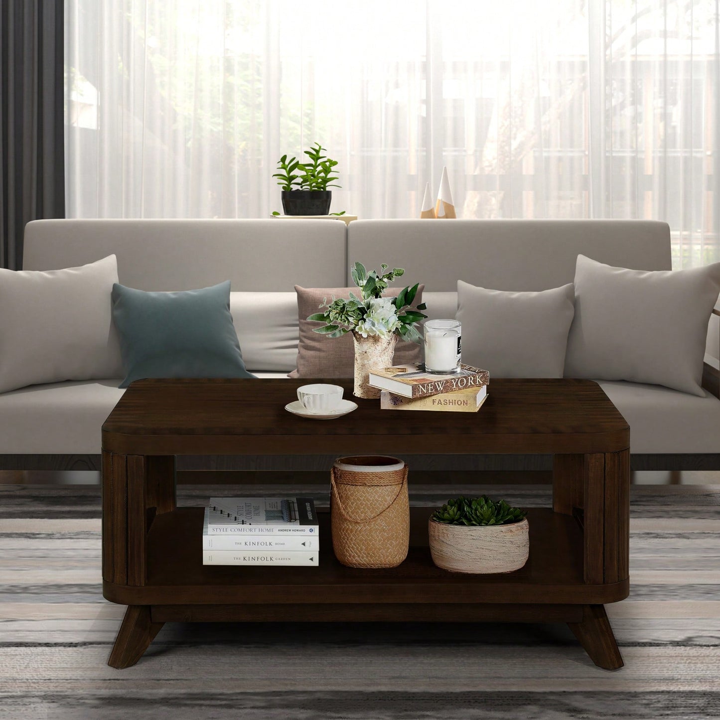Rectangular Wooden Coffee Table With Open Storage Shelf For Living Room Easy Assembly Walnut Finish 41.5-Inch Center Table