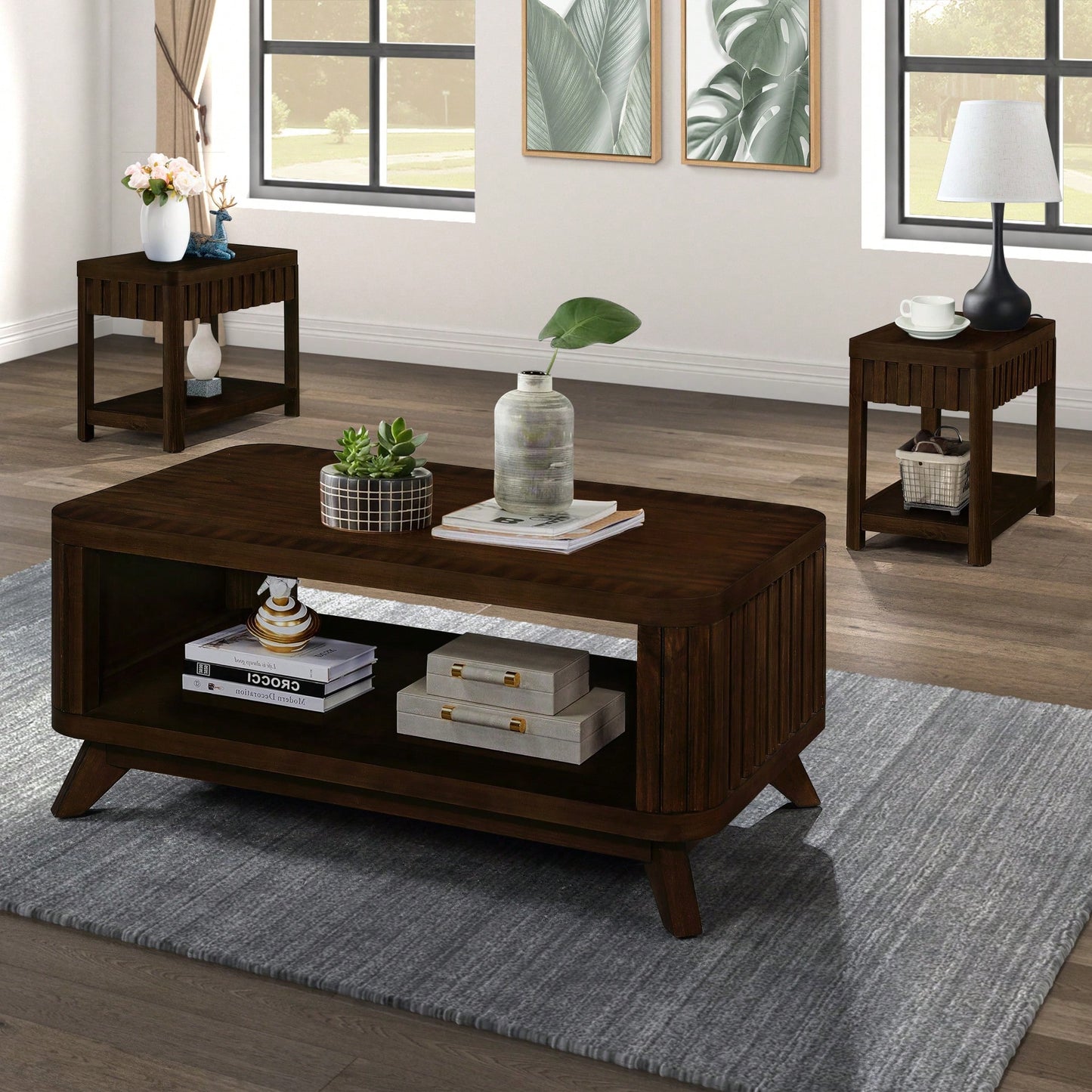 Rectangular Wooden Coffee Table With Open Storage Shelf For Living Room Easy Assembly Walnut Finish 41.5-Inch Center Table