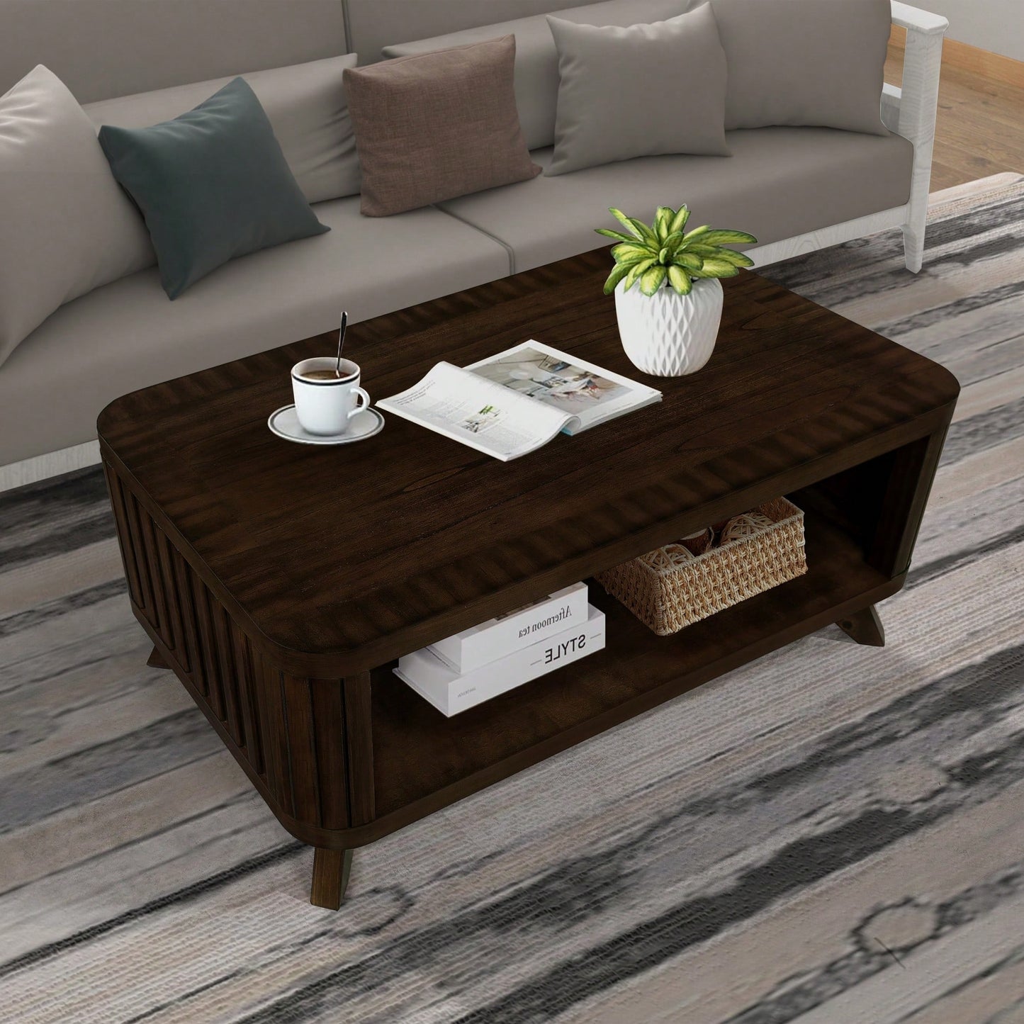 Rectangular Wooden Coffee Table With Open Storage Shelf For Living Room Easy Assembly Walnut Finish 41.5-Inch Center Table
