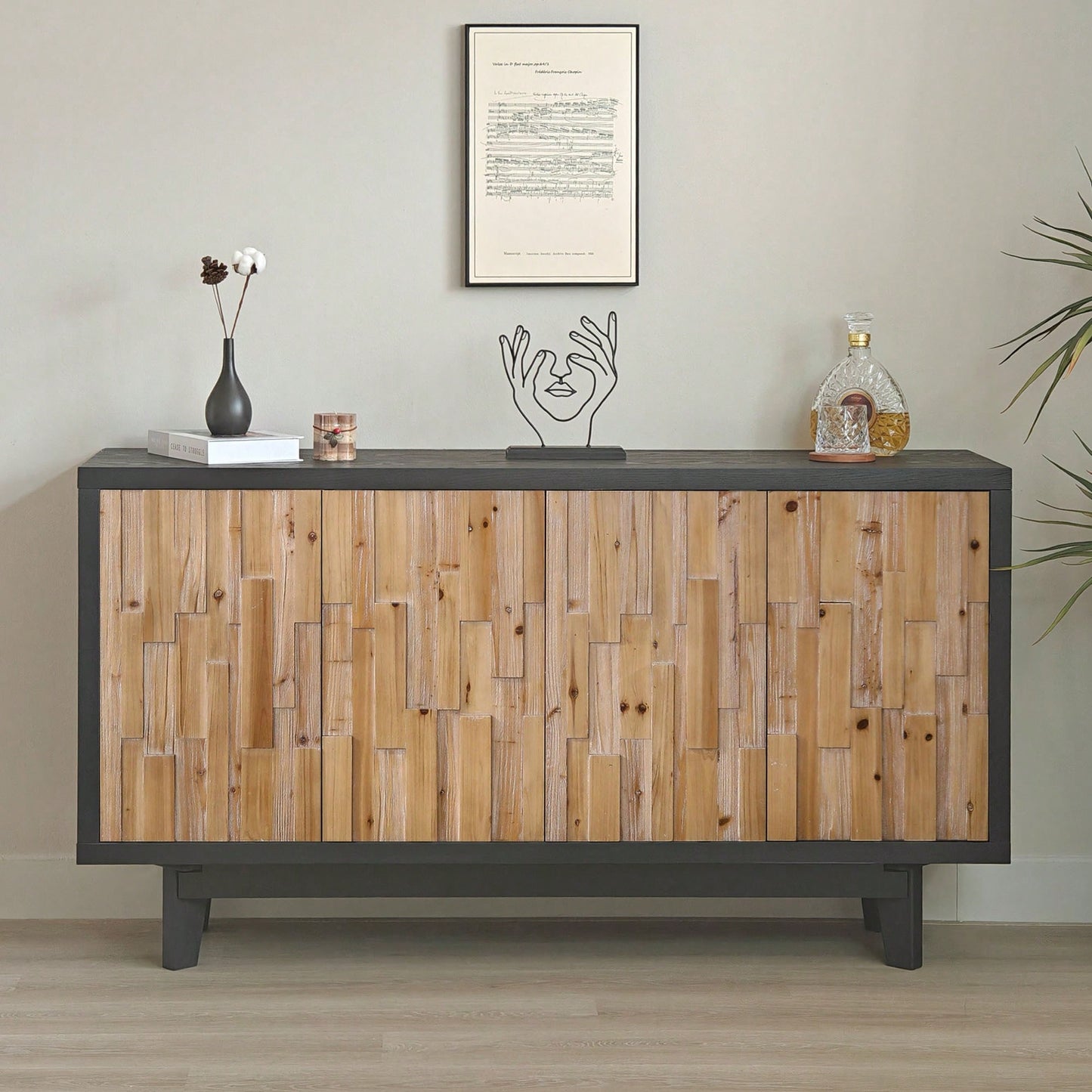 Natural Wood 4-Door Storage Cabinet With Textured Geometric Design For Stylish Organization