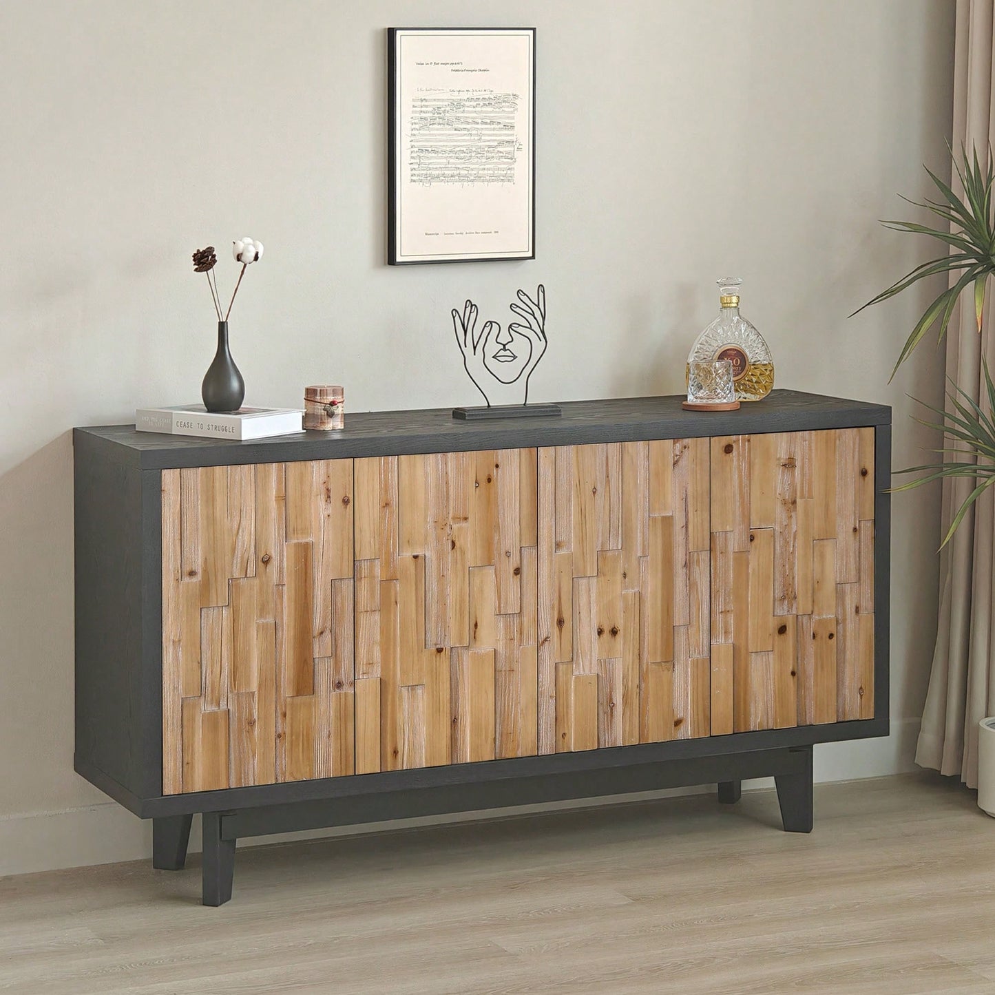 Natural Wood 4-Door Storage Cabinet With Textured Geometric Design For Stylish Organization